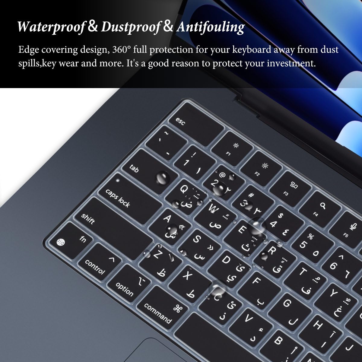 Arabic Keyboard Cover Skin Compatible with Apple 2025 2024 2023 2022 MacBook Air Laptop with M4 M3 M2 chip 15.3 inch A3241 A3114 A2941/MacBook Air 13.6 inch A2681 A3113 A3240 Keyboard Protector-Black