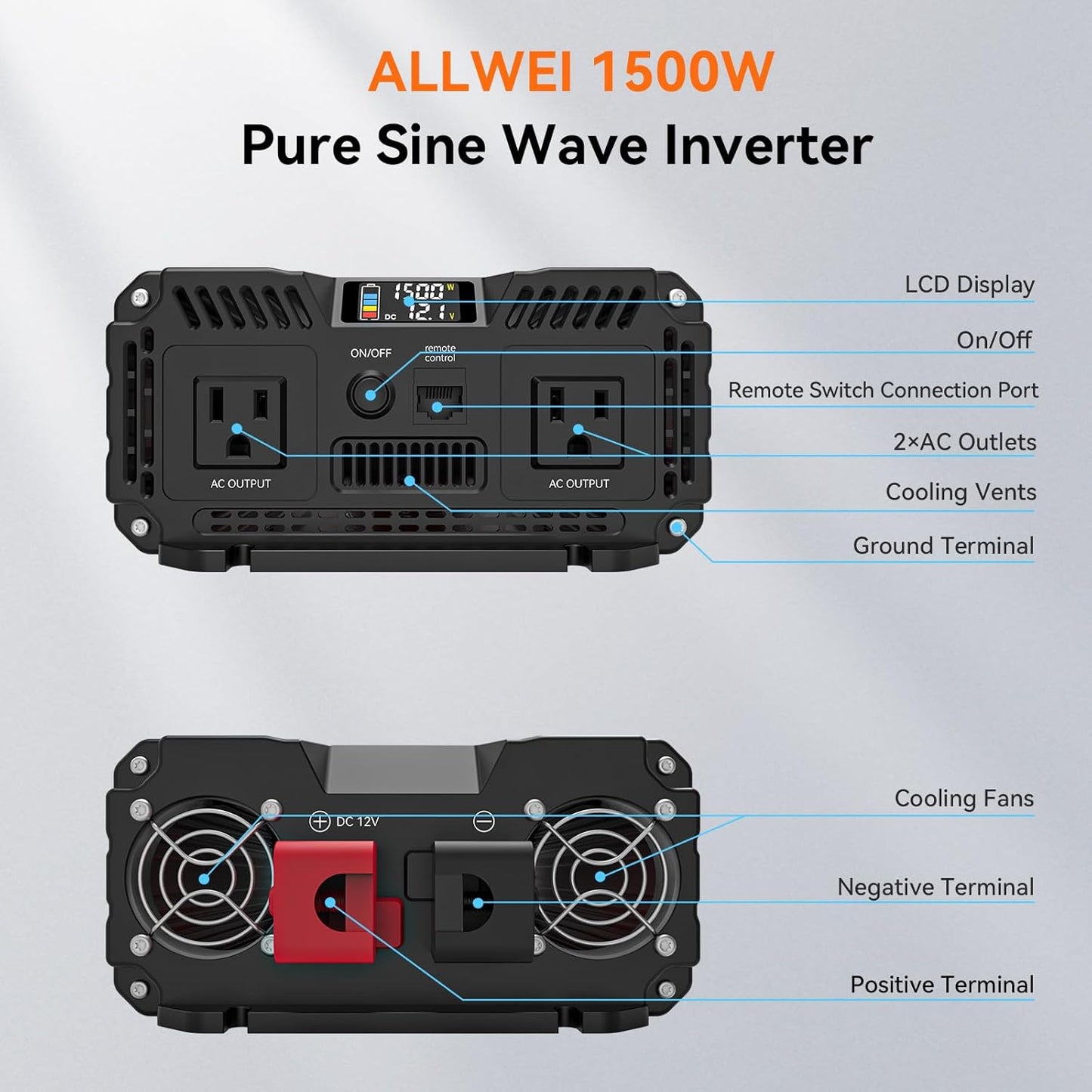 ALLWEI 1500W Pure Sine Wave Inverter 12V DC to 110V/120V AC Converter, Surge 3000W | Power Inverters Vehicles with 2 AC Outlets, RV Truck Boat Home Outdoor & Off-Grid Solar Inverter, Smart LCD Display