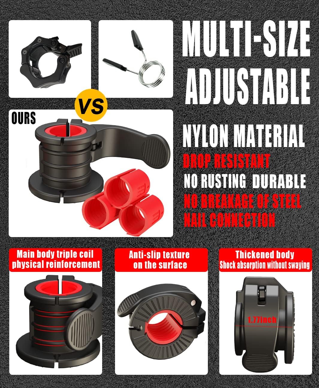 Barbell Clips 1 Inch Quick Release Weight Clamps 0.9-1.18inch Multi-Size Adjustable Olympic Clamps for Bars