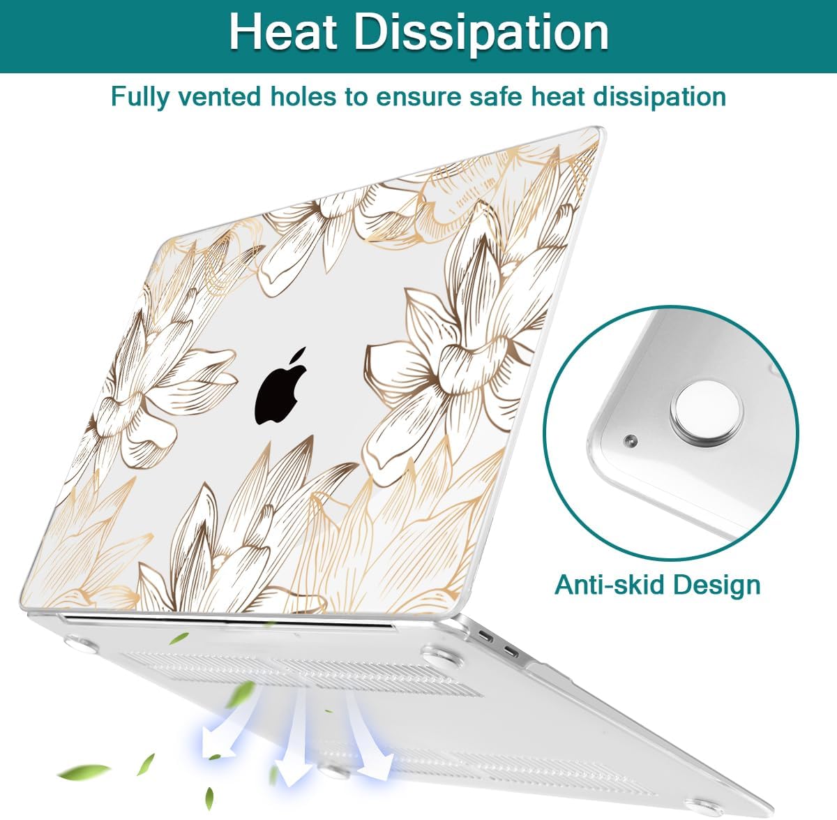 Teryeefi for MacBook Air 13 inch Case M1 2021 2020 2019 2018 Release (A2337 A2179 A1932 Retina Display with Touch ID), Plastic Hard Shell Case & Keyboard Cover & Screen Protector, W-Gold Flower Line