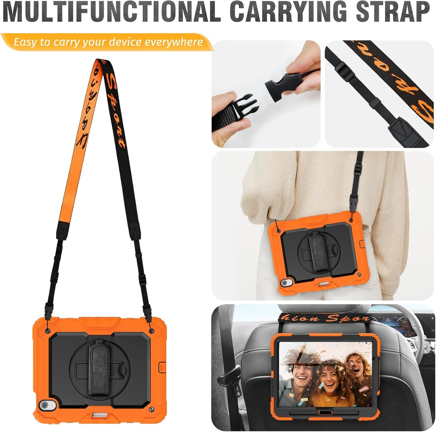 HXCASEAC Case for iPad Air 11 inch (2025 M3 / 2024 M2), Shockproof Design with Pencil Holder/Screen Protector/Rotating Hand Strap, Protective Cover for iPad Air 7th/6th Generation - Orange