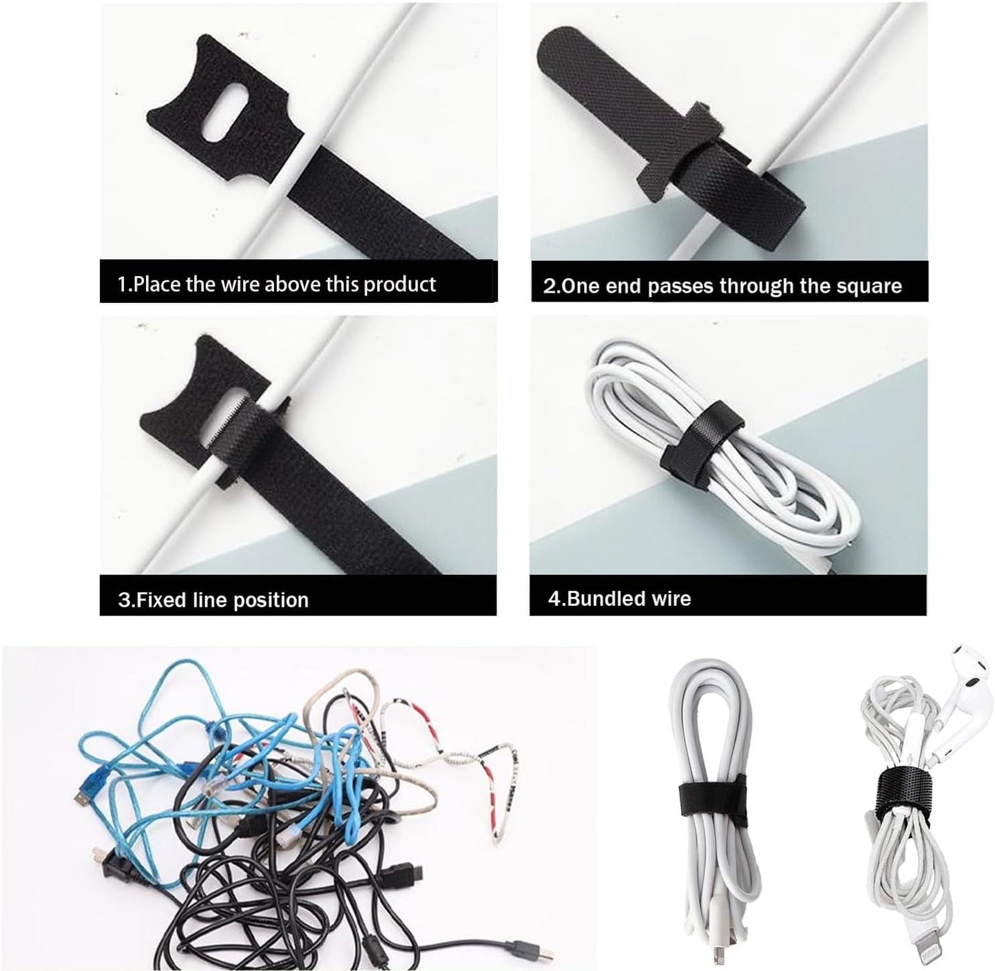 100 Pack Reusable Hook & Loop Cable Ties & Labels Kit - 50 Durable Cord/Wire Tags + 50 Self-Gripping Straps for Electronics Organizing, Home Office Cord Management (White & Black)