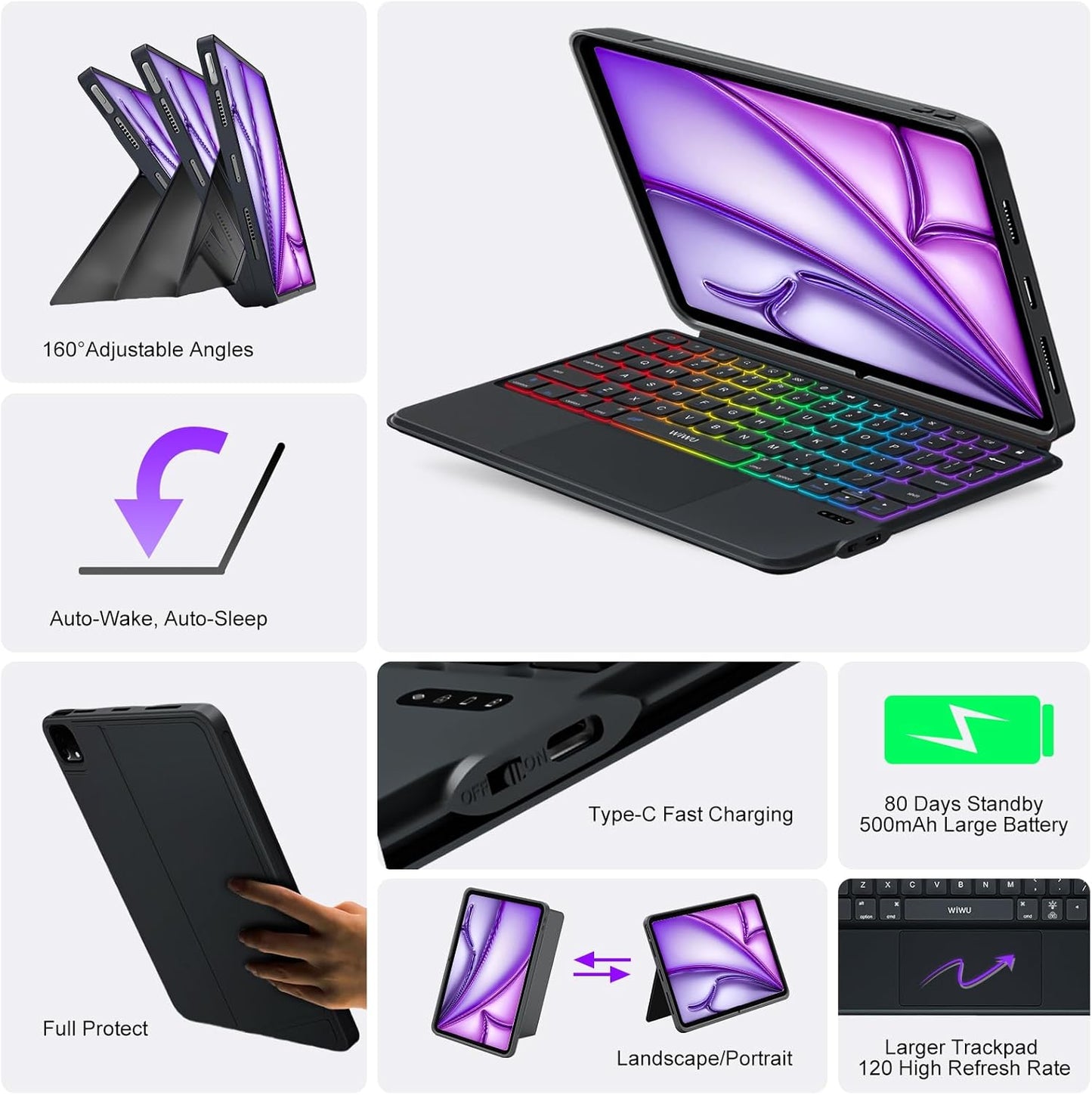 iPad Keyboard Case for iPad Air 13 inch (M3 M2 2025 2024),Pro 12.9 inch 6/5/4/3rd Gen,Flex Magnetic Detachable Bluetooth Keyboard with Trackpad,Springy Backlit Keys,Slim iPad Case with Stand (Black)