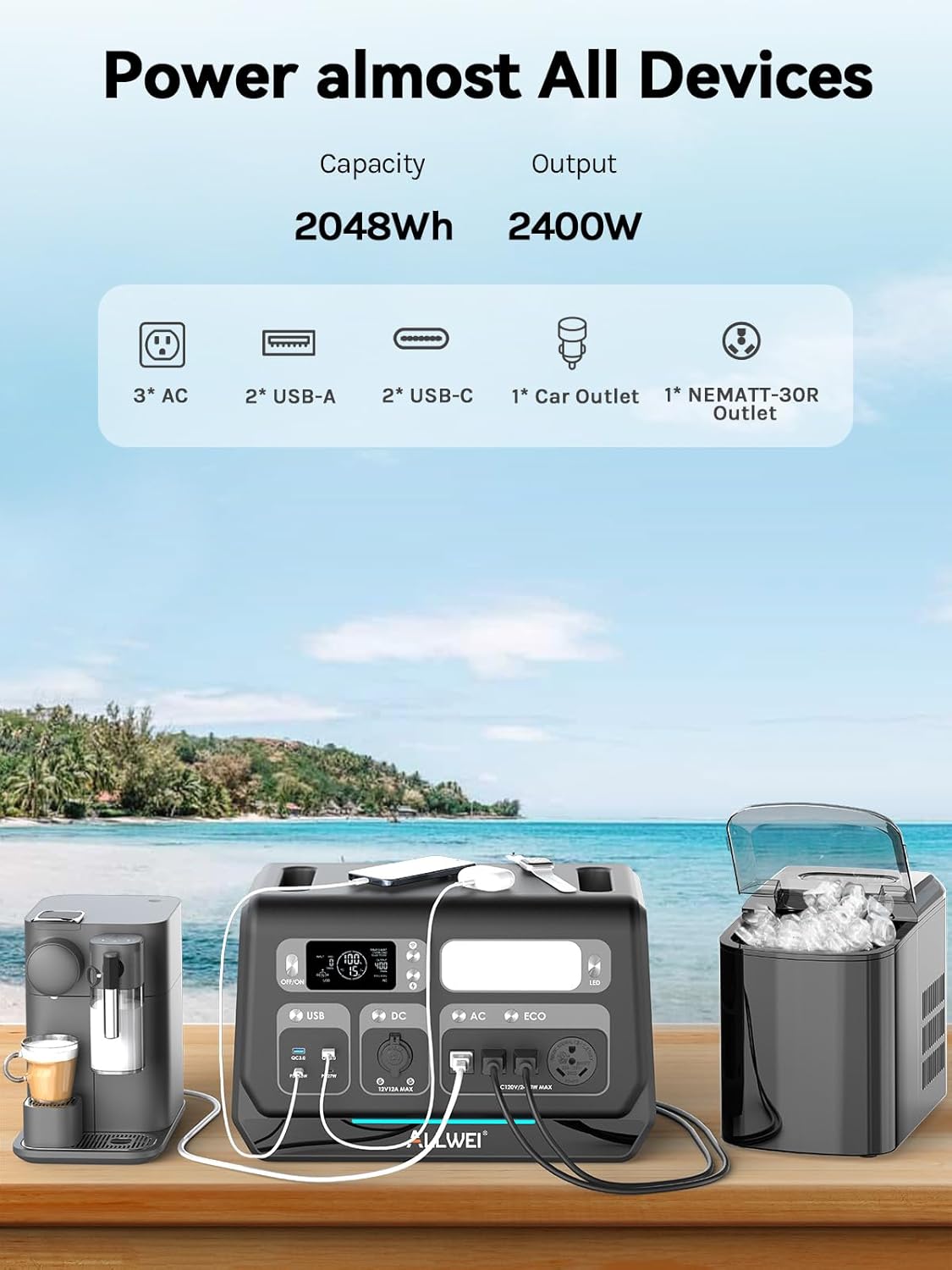 ALLWEI 2400W LiFePO4 Portable Power Station,2048Wh Solar Generator with 1500W AC Charging &1200W Solar Charging,with ATS UPS Mode, 4 AC Outlet(Power Lifting 3600W) for Home Backup, Power Outages & RVs