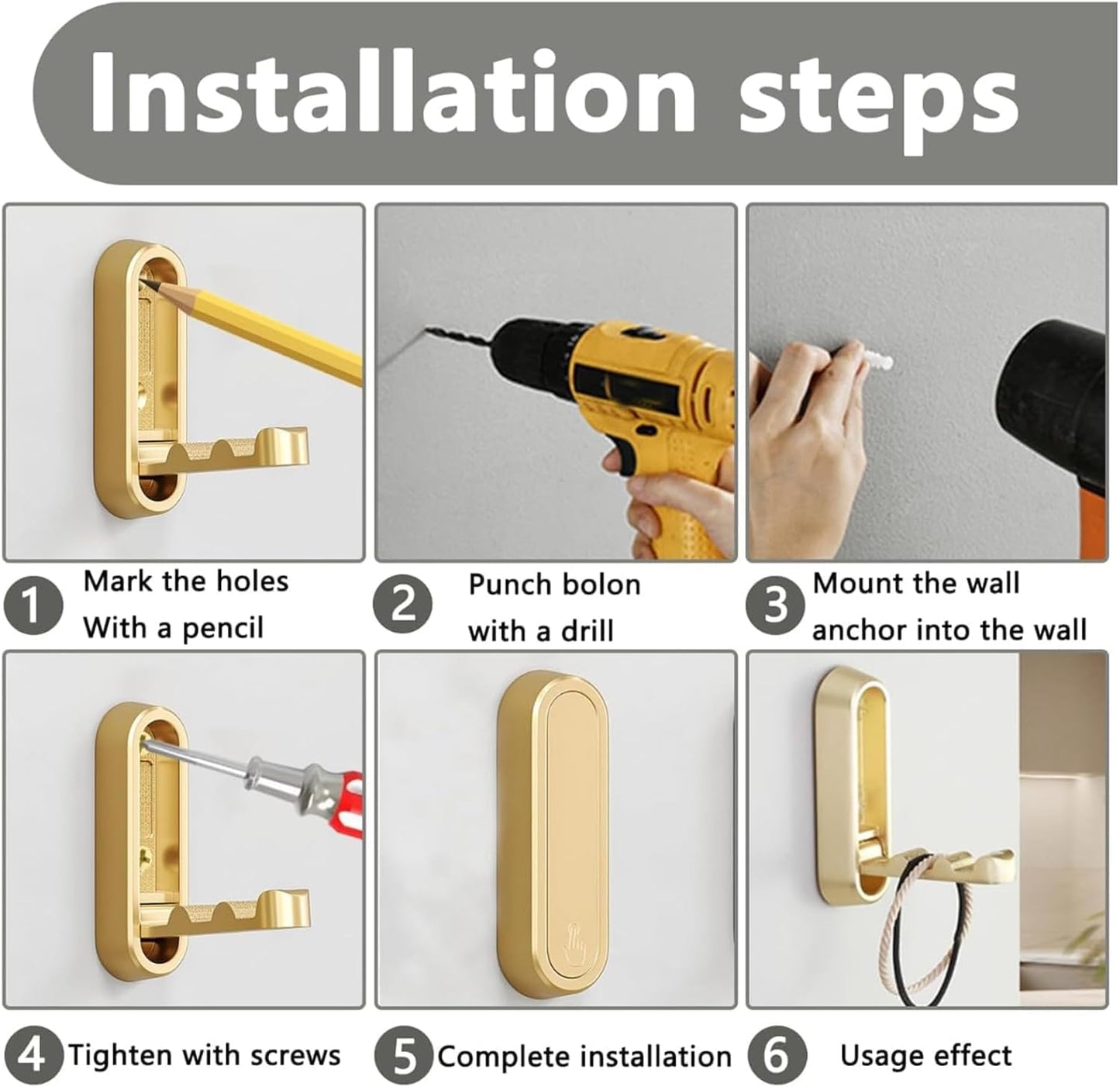 4PCS Gold Foldable Wall Hooks, Metal Folding Hooks Wall Mount, Easy Installation, Suitable for Bathroom Kitchen, Flip Down Hook for Wal l Hanging Coat, Bag, Towel, Key, Hat (Gold)