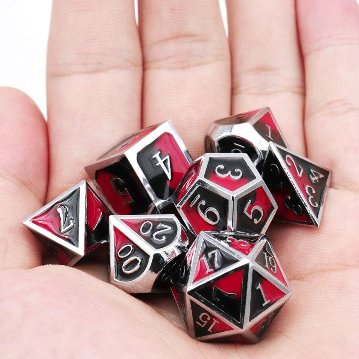 Haxtec DND Metal Dice Set D&D Red and Black Metal DND Dice Compatible with Dungeons and Dragons RPG Games-Vampire(Silver Black Red)