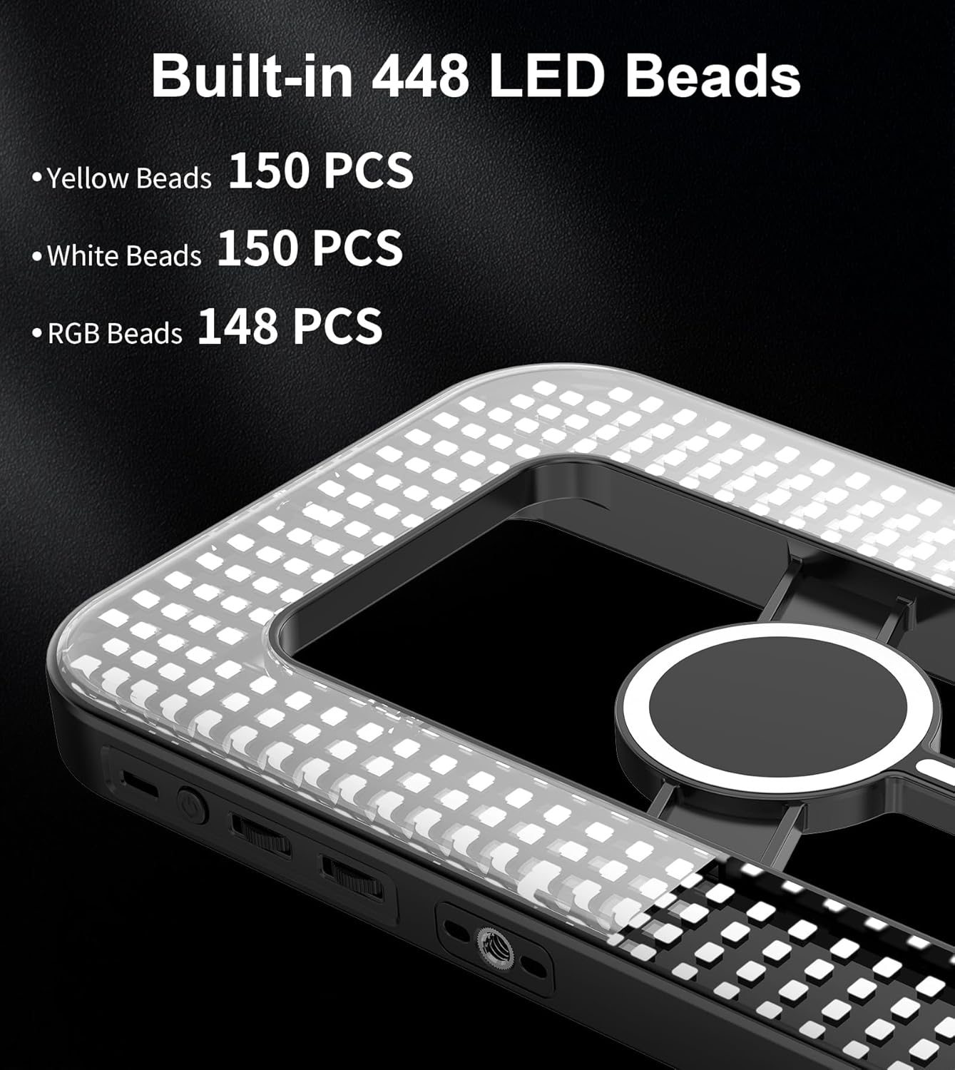 Double-Sided Magnetic Phone Ring Light with Mini Tripod Stand,448 LED 6000mAh Rechargeable RGB Selfie Light for iPhone,Handheld Stabilizer with Light for Magsafe/Phones/Video Recording/Makeup/Photos