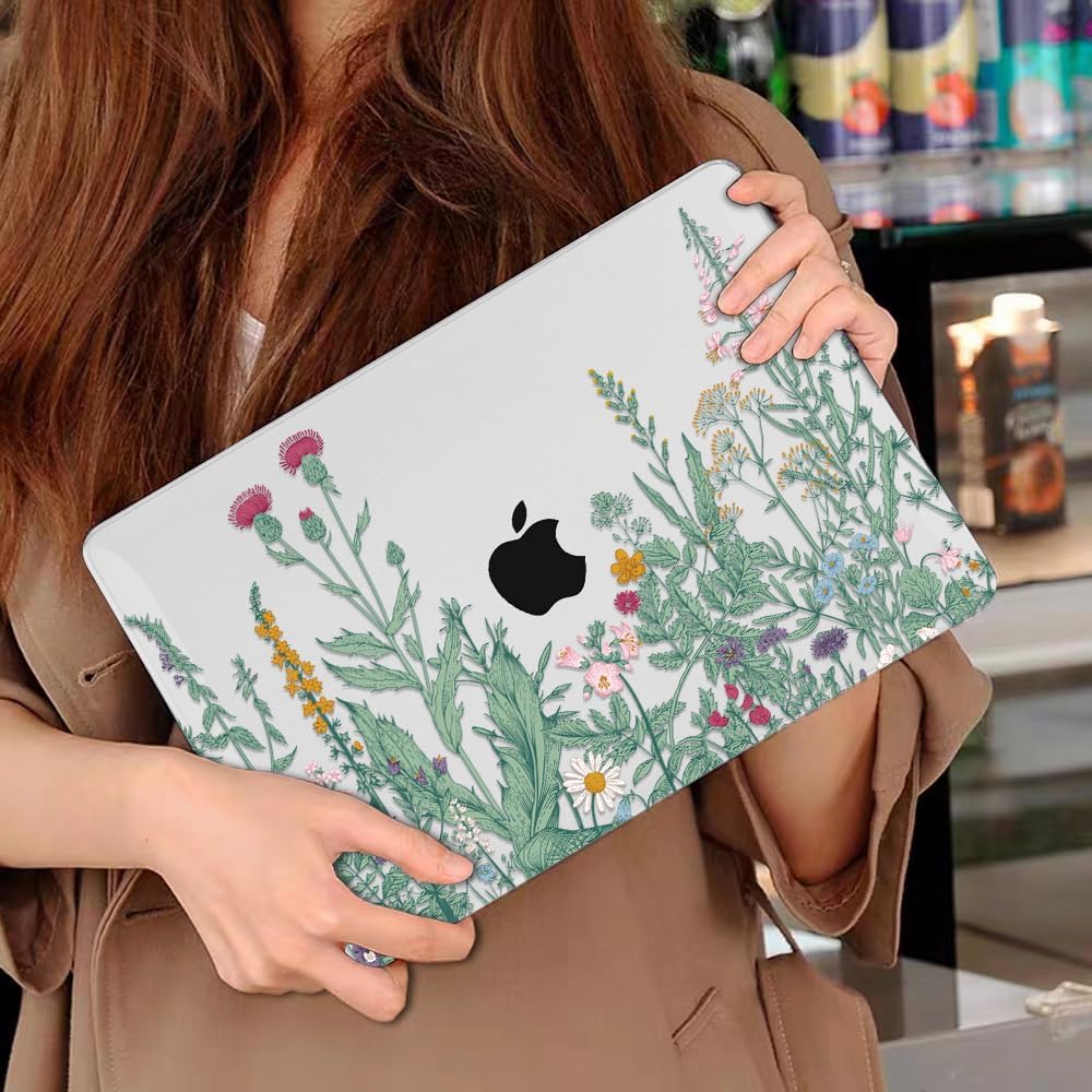 Compatible for MacBook Air 13.6 inch Case M4 M3 M2 2025 2024-2022 Release Model A3240 A3113 A2681, Printed Plastic Protective Hard Shell Cover for MacBook Air M4 13", Green Plants Flowers