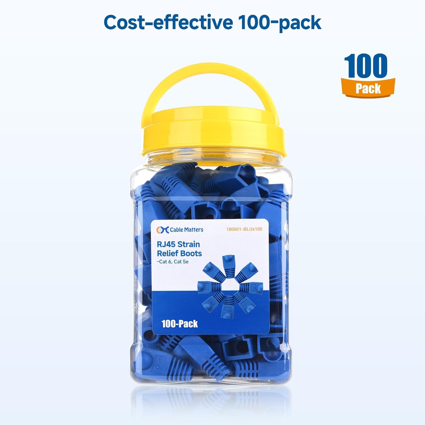Cable Matters 100-Pack Cat6 / Cat5e RJ45 Strain Relief Boots, RJ45 Boot, Cat 6 Boot, Cat6 Ethernet Boots, Blue, Suitable for 6.5mm (0.25in) Ethernet Cables