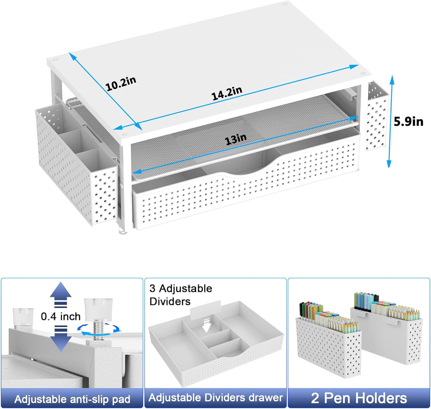 Desk Organizer and Accessories, Computer Monitor Stand Riser with Drawer and 2 Pen Holders, Office Desk Accessories & Workspace Organizers for Office Supplies (White)