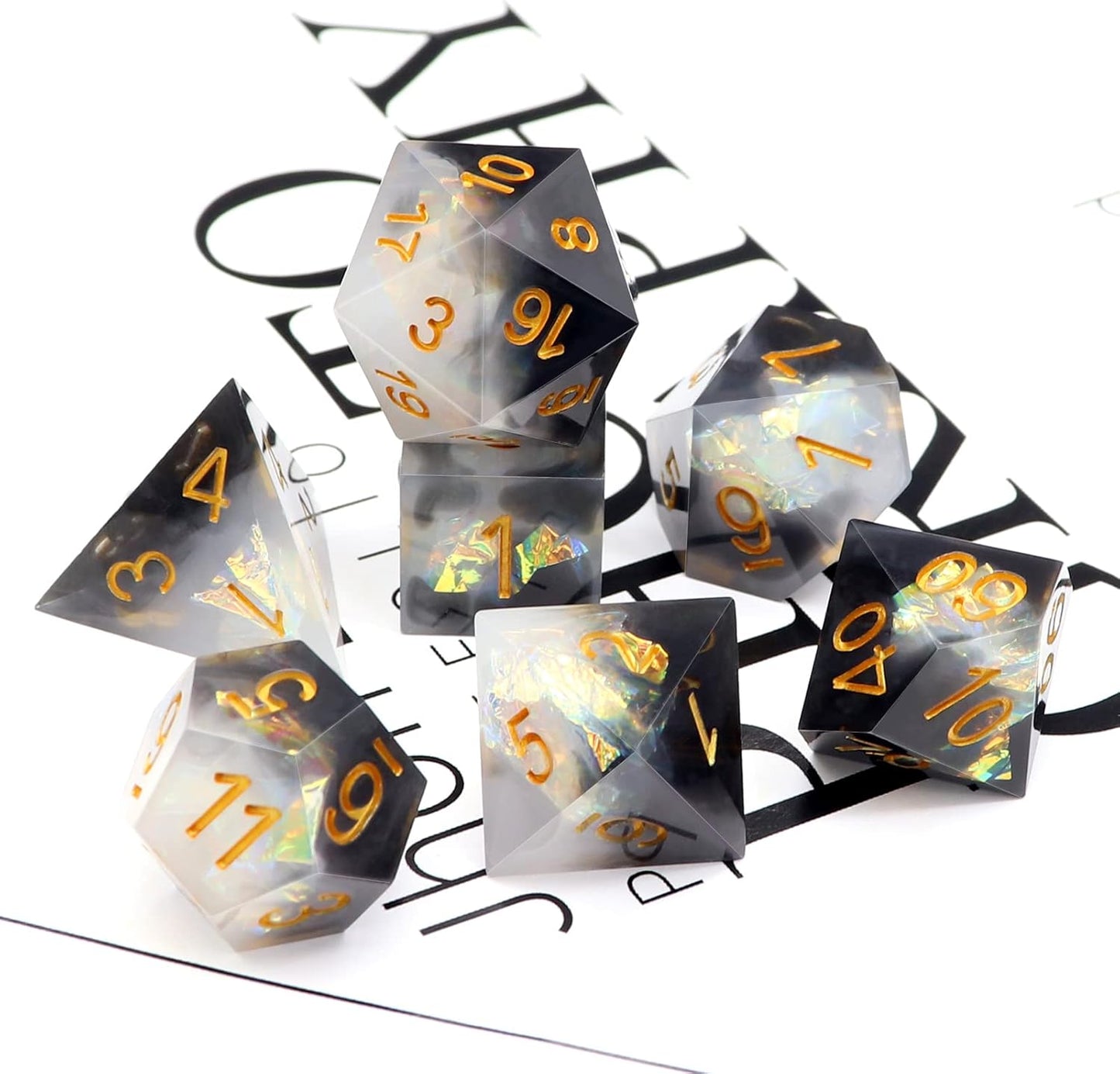 Haxtec Sharp Edge Dice Set DND Dice Black and White Resin Dice Iridecent Mylar Galaxy D&D Dice for RPG Role Playing Compatible with Dungeons and Dragons Gift
