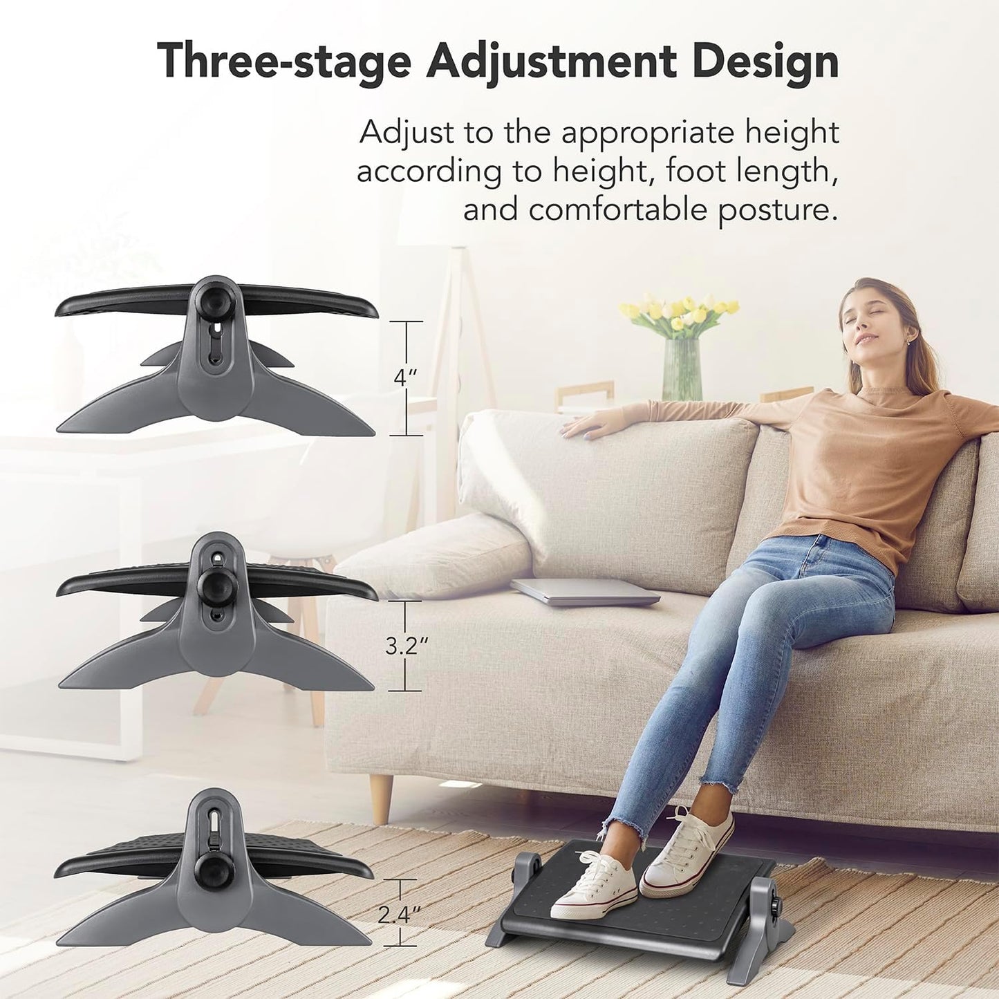 EHO Ottoman, Ergonomic Foot Rest for Under Desk, Adjustable Height and Angle, Rubber Platform, Anti-Slip, Ankle Support, Detachable Washable Cushion, Back and Leg Pain Relief, 21.6"L x 11.4"W, Black