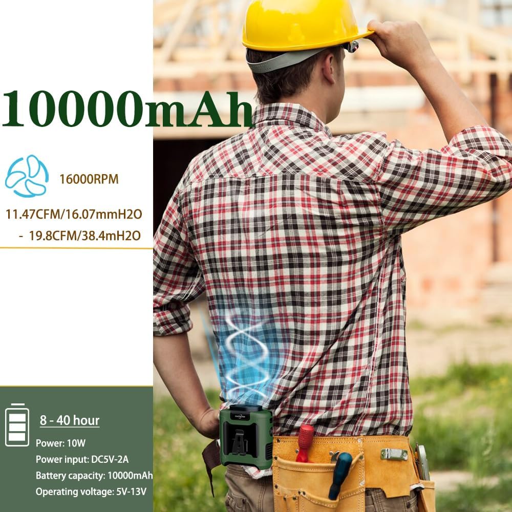 CAZOKASI Personal Fan 10000mAh Waist Portable Rechargeable Wearable Hand Free, 6-40hours Wearable Cooler Fan for Traveling Working Outdoor Office (10000mAh / Green)