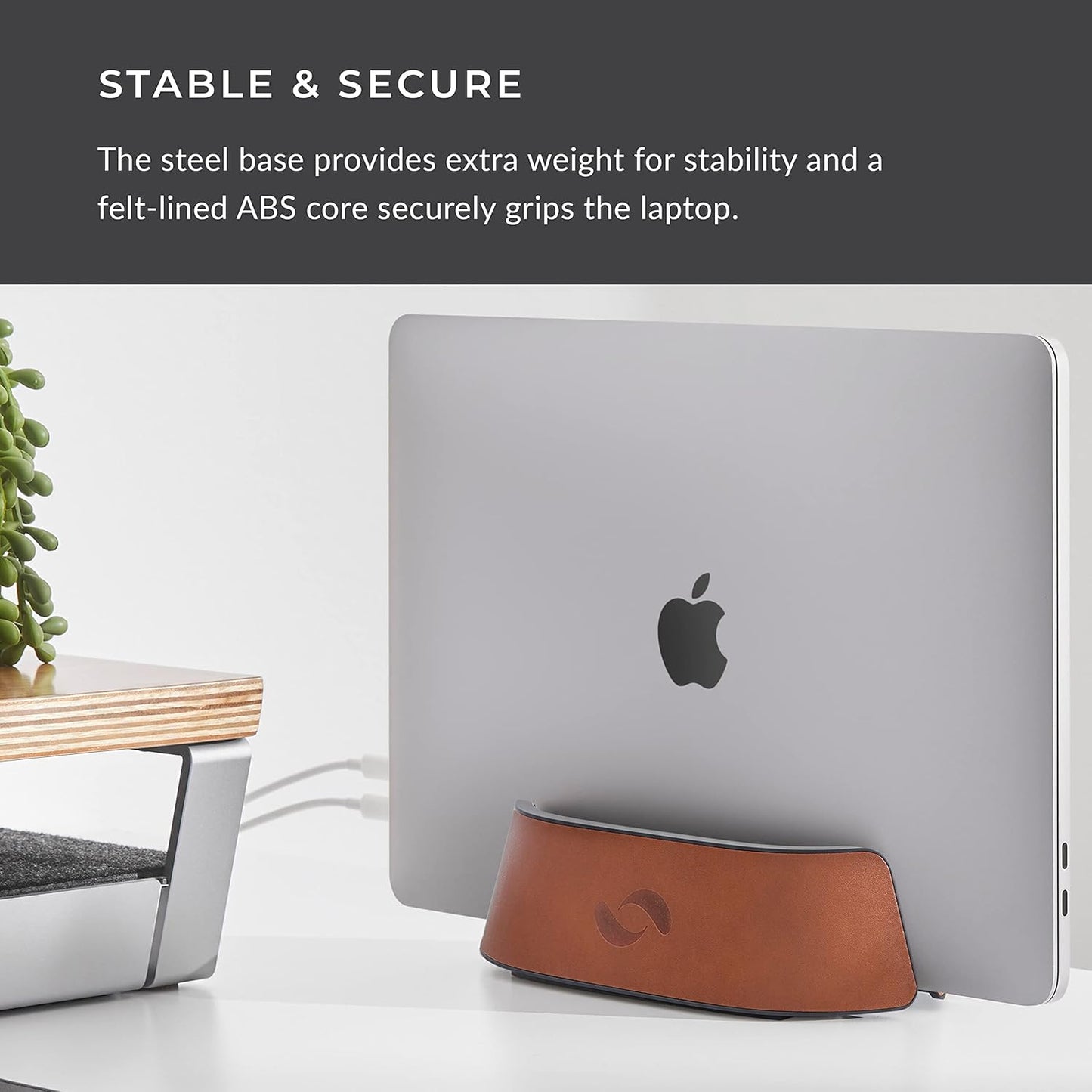 HumanCentric Vertical Laptop Stand in Vegan Cognac Leather, Upright Adjustable Holder and Dock, Laptop Vertical Stand Fits MacBook Pro and Other Laptops .5" to 1.5", Clamshell Compatible