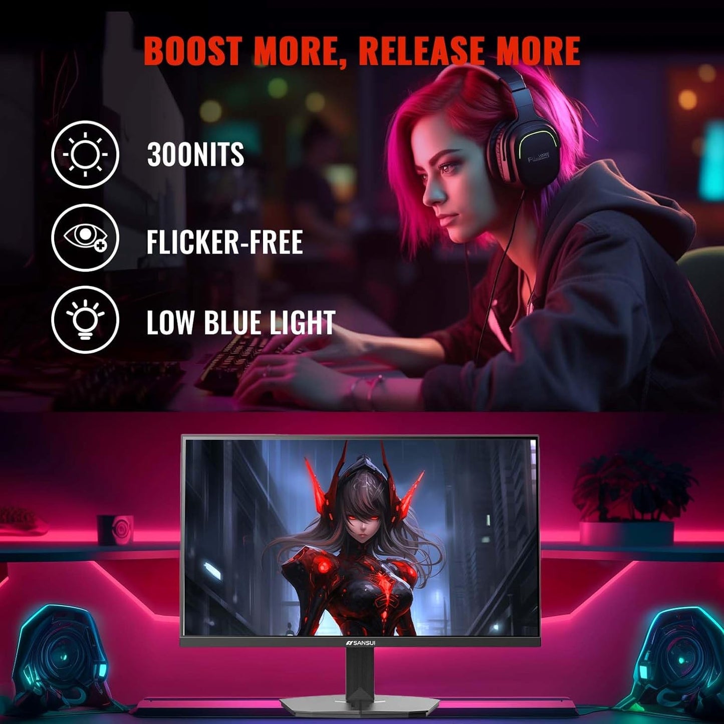 SANSUI 24 Inch Gaming Monitor 180Hz 1Ms FreeSync HDR 110% sRGB FHD 1080P Computer Monitor HDMI DP Ports Eye Care Frameless VESA Mount Cable Management (ES-G24F4L, HDMI Cable Included)