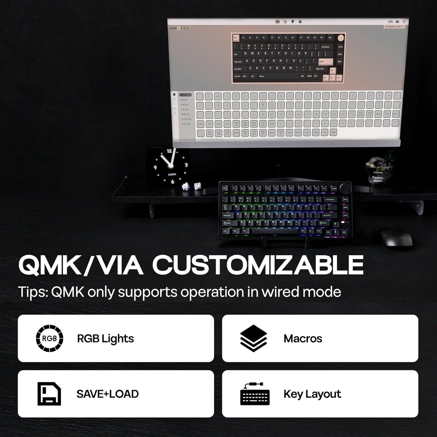 EPOMAKER QK81 75% Wireless Mechanical Gaming Keyboard, QMK/VIA Programmable and Hot-Swappable, 81 Keys with Metal Knob, 2.4Ghz/BT/USB, Creamy Gasket-Mount, RGB Backlight (Black, Wisteria Switch)