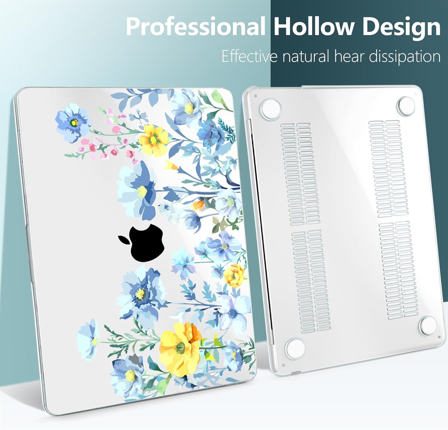 TWOLSKOO Compatible with M4 MacBook Air 15 inch Case 2025-2023 Released Model M4 A3241 M3 A3114 M2 A2941, Plastic Hard Shell & Screen Protector & Keyboard Cover & Type C Adapter, Blue Flowers