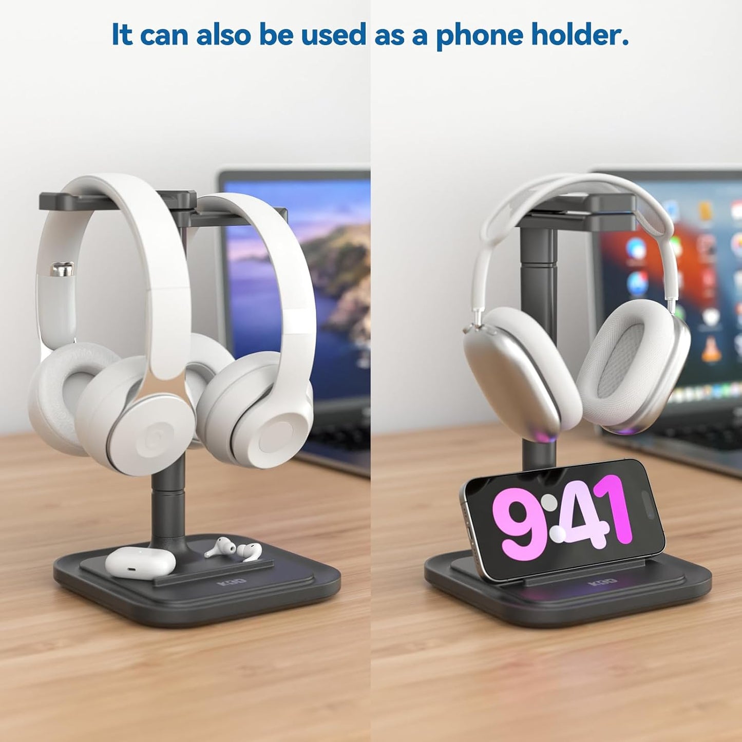 KDD Dual Headphone Stand for Desk - Rotatable Headset Hanger with Phone Holder - Removable Non-Slip Base for Gamers Desktop Accessories