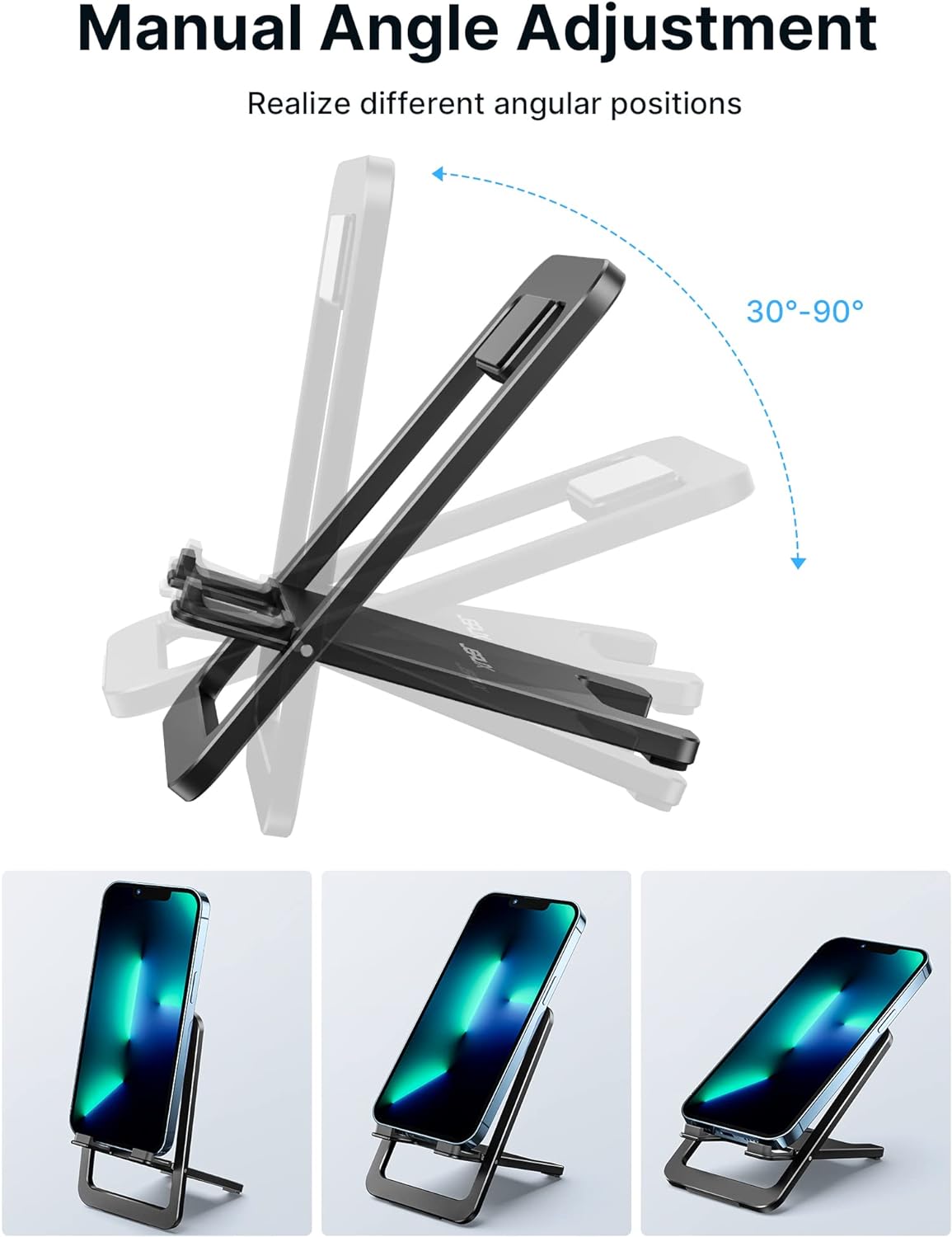 JSAUX Cell Phone Stand, Foldable Aluminum Adjustable Phone Holder for Desk Portable Travel Holder Office Desk Accessories Compatible with iPhone 15 14 13 12 11 Pro Max X Samsung S24 S23 Steam Black