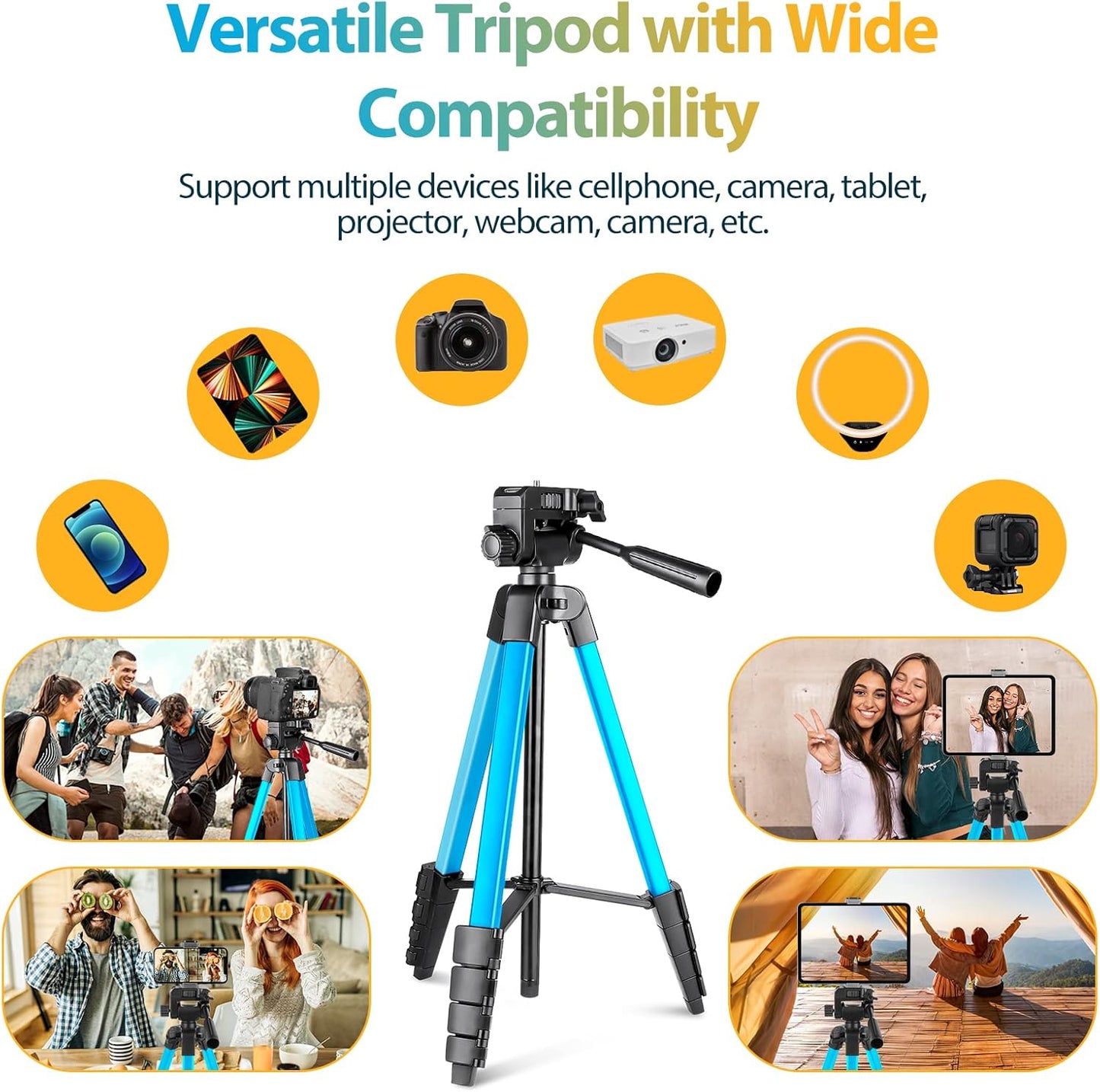 Aureday Phone Tripod Stand, 64” Extendable Cell Phone&Camera Tripod with Wireless Remote and Phone Holder, Aluminum iPad Tripod for Video Recording/Selfies/Live Stream/Vlogging (Blue)