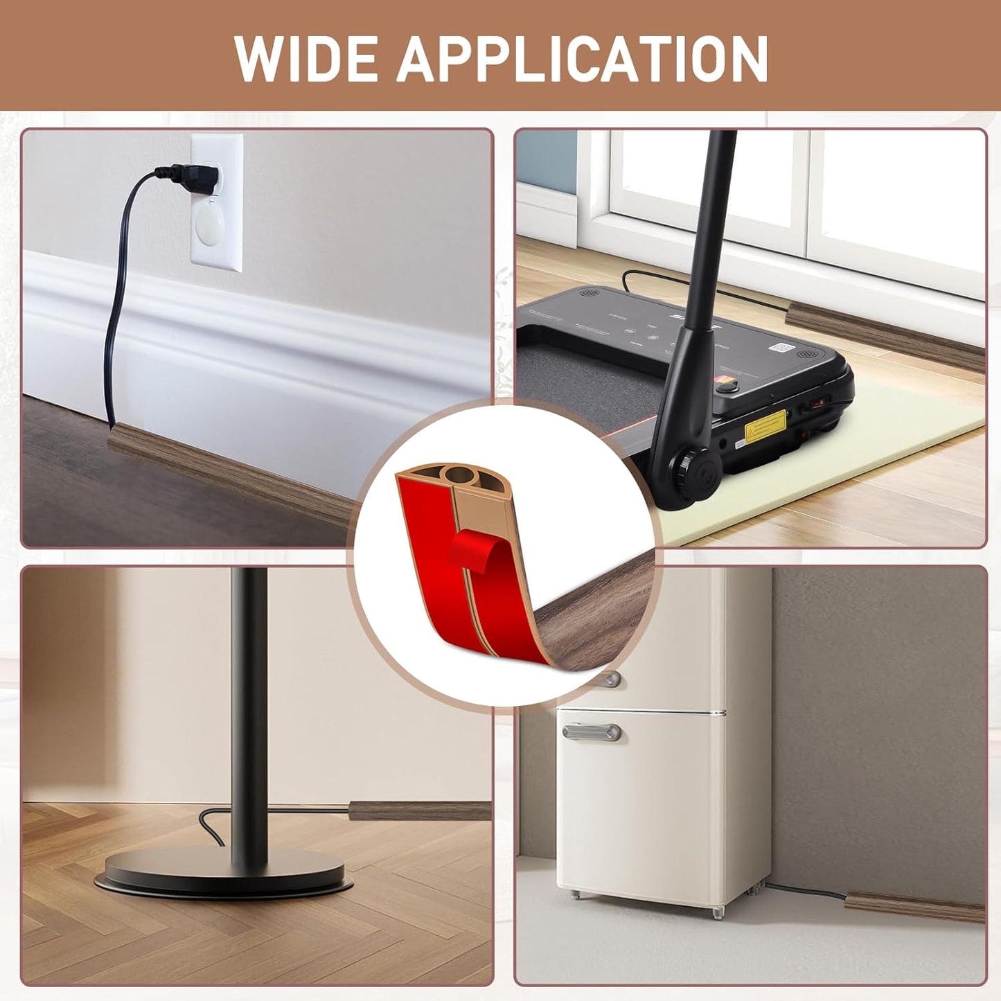 Floor Cord Cover Self Adhesive Cord Hider Floor Extension Cord Covers for Floor Power Cord Protector Cable Management Prevent Cable Trips Cable Cavity 0.32" W x 0.32" H (Smoked Brown Wood, 20Ft)