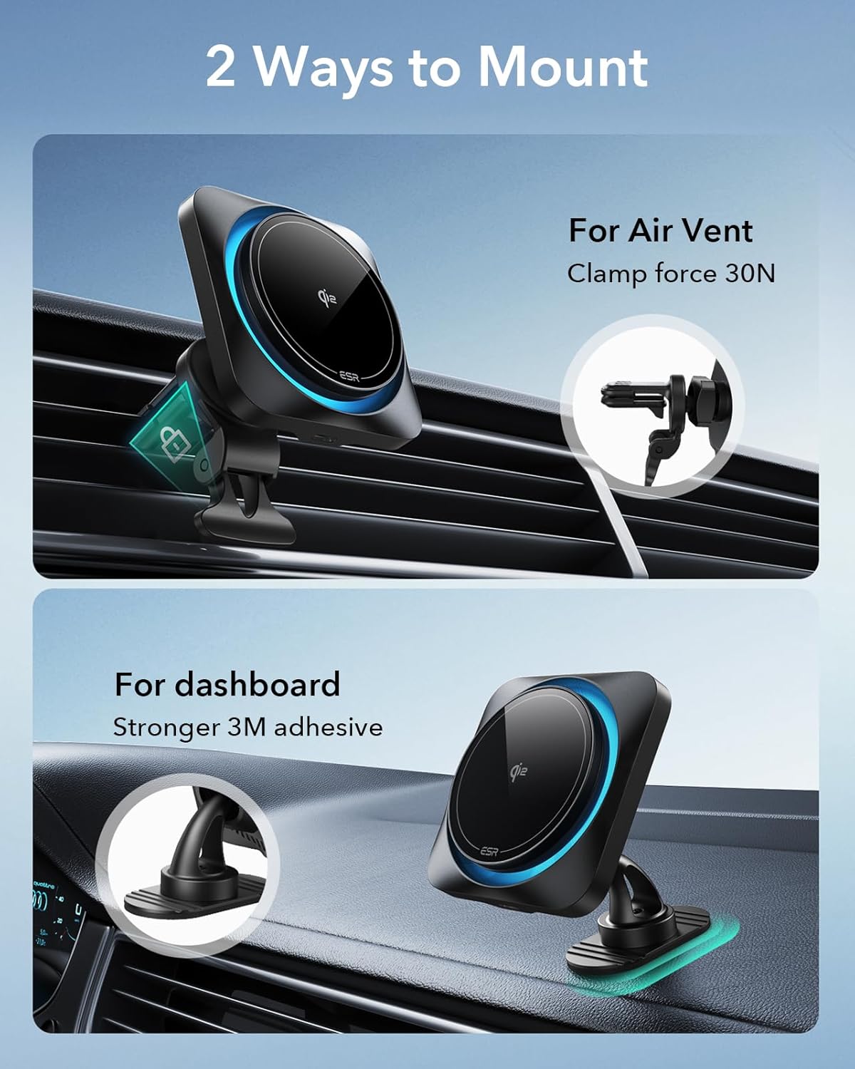 ESR for Qi2 15W MagSafe Car Mount Charger with CryoBoost, Phone Cooling MagSafe Car Charger, Air Vent/Dashboard Wireless Charging for iPhone 16/15/14/13/12, Galaxy S25 Series, Fast Charger, Black