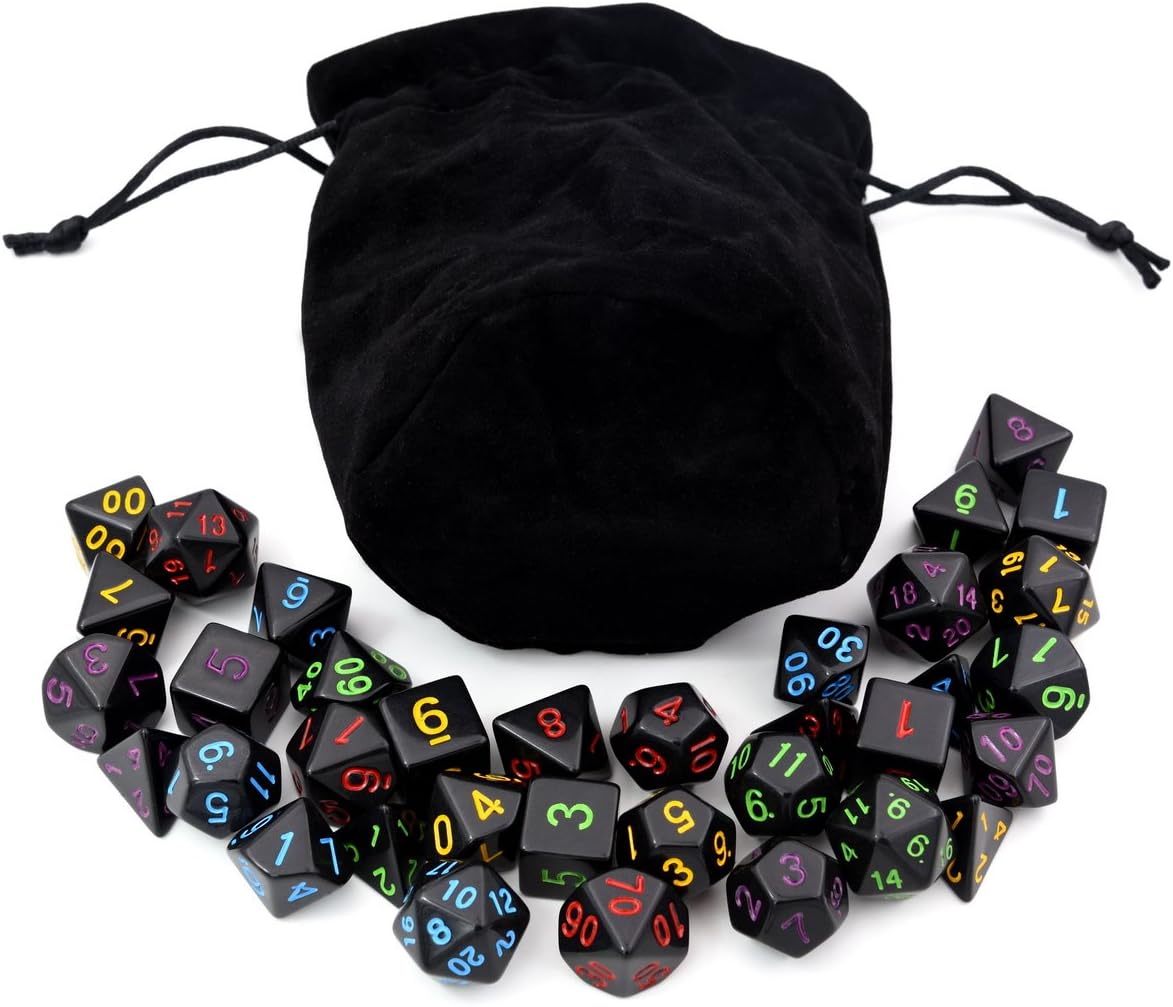5 Sets New Black Polyhedral Dice with Satin-Lined Velvet Bag for Dungeons and Dragons DND RPG MTG D20 D12 D10 D8 D6 D4