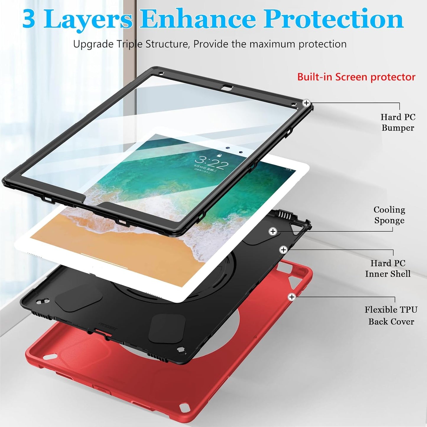 Case for iPad Pro 12.9 2nd Generation 2017& 2015 1st Generation, Heavy Duty Rugged TPU Protective Cover W/Screen Protector- 360° Rotatable Stand + Handle Hand & Shoulder Strap + Pencil Holder- Red