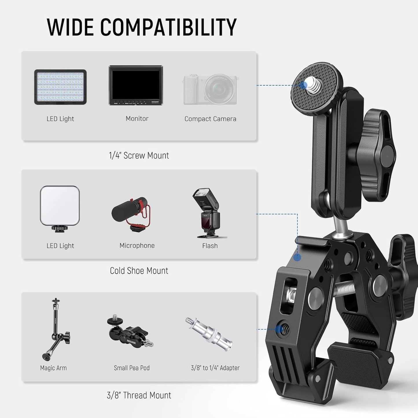 NEEWER Super Clamp Magic Arm Camera Mount with Phone Holder Action Cam Adapter Ball Heads 1/4" Threads Cold Shoe Cleaning Cloth Compatible with SmallRig GoPro for Desk Tripod Crossbar Gimbal Rod, ST83