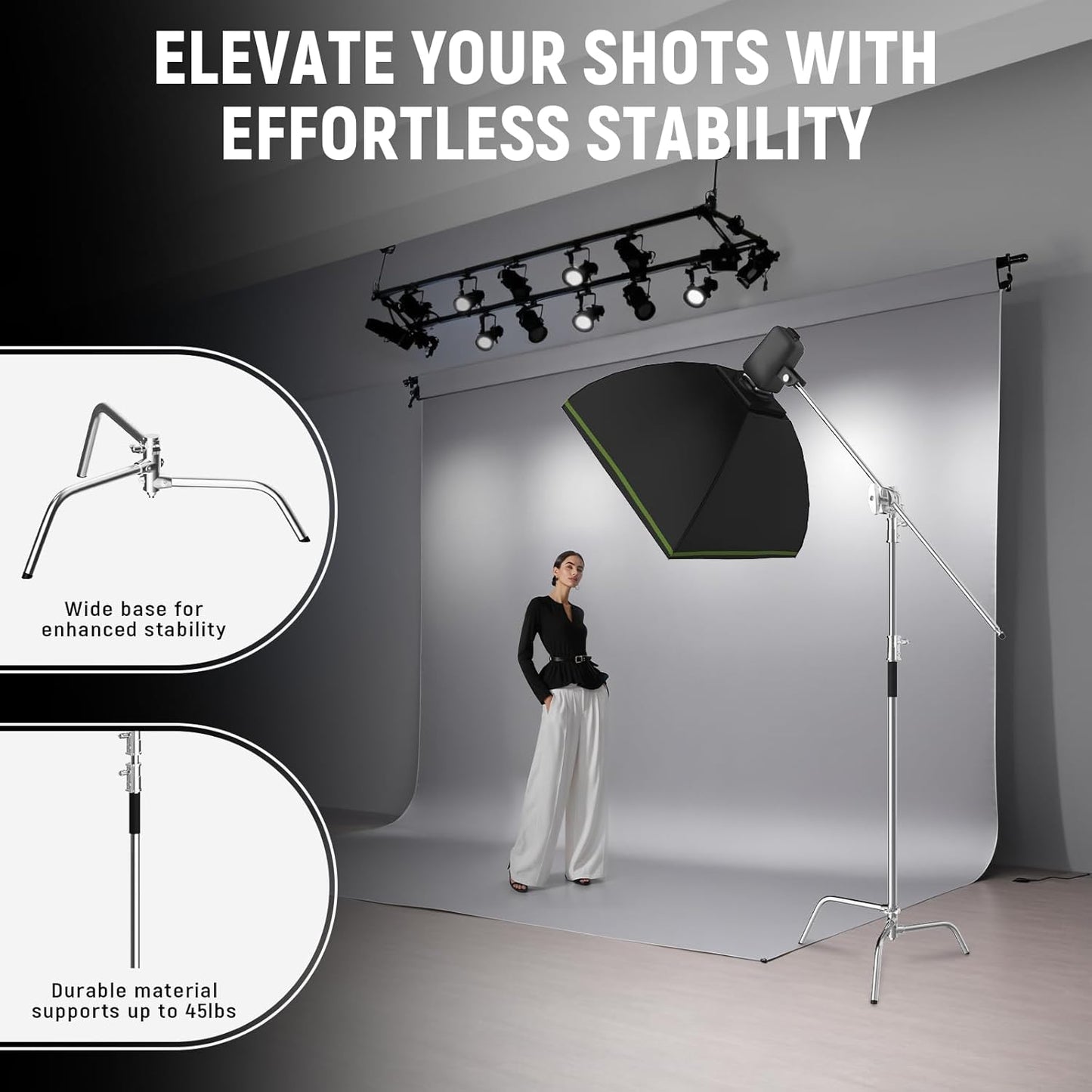 C Stand with Boom Arm Professional Heavy Duty Light Stand with 10.8ft Vertical Pole, C-Stand with 4.2ft Boom Arm, Adjustable Base for Studio Equipment