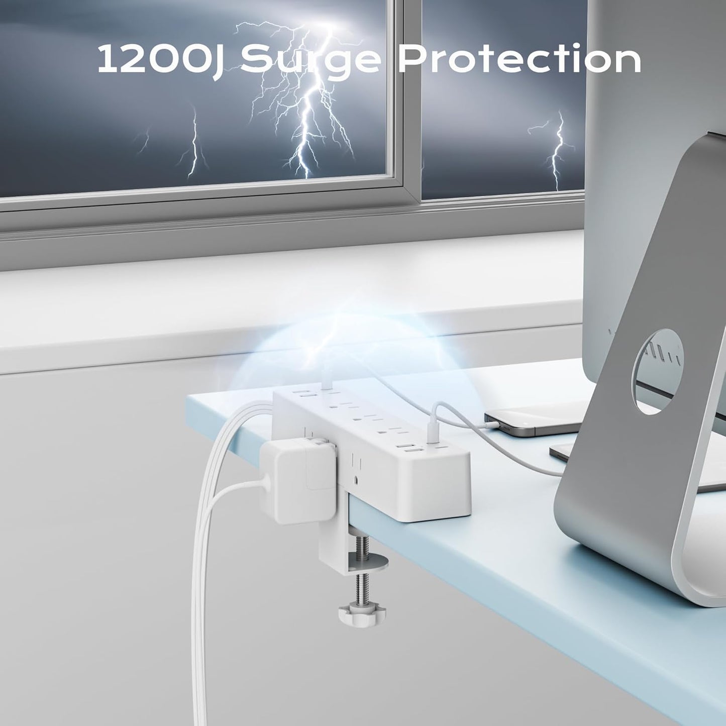 Flat Plug Desk Clamp Power Strip 10FT, 40W Total Fast Charging Station, 2 PD20W USB C Ports, Desk Edge Mount Power Strip 9 AC Outlets 8 USB Ports Surge Protector, Fit 1.7" Tabletop Edge, White