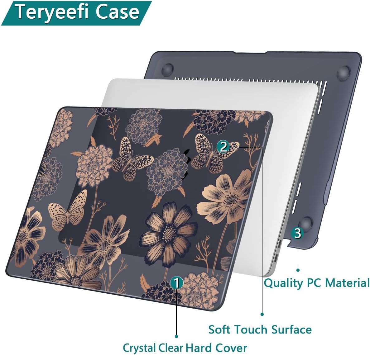 Teryeefi for MacBook Air 13 inch Case 2021 2020 2019 2018 Release (Model A2337 A2179 A1932 Retina Display with Touch ID), Plastic Hard Shell Case & Keyboard Cover for MacBook Air 13 M1, Gold Flowers