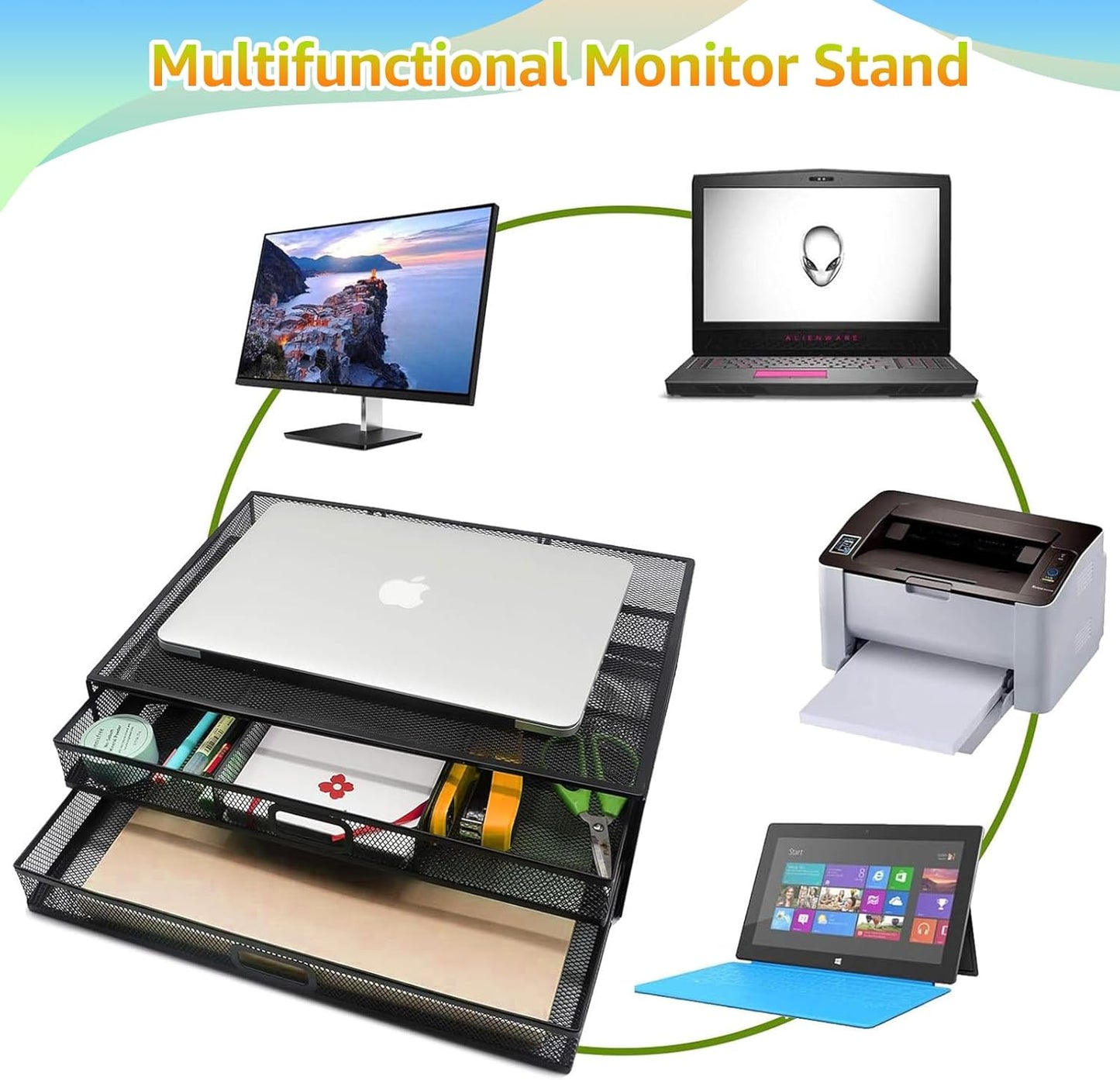 Computer Monitor Stands with Drawers, Metal Mesh Desktop Monitor Riser, Desk Storage Organizer with Drawers for PC, Laptop, Printer (Black)