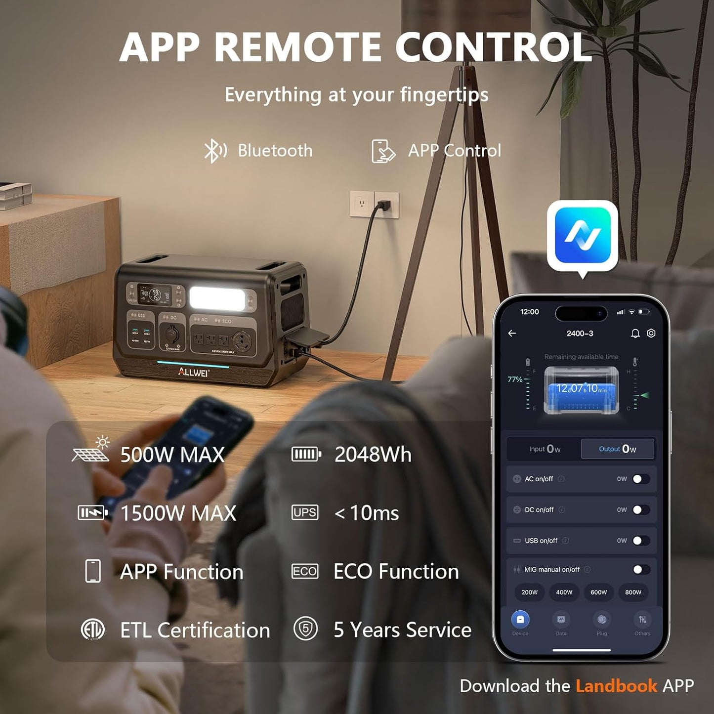 ALLWEI LiFePO4 Solar Generator 2400W(Surge 4800W) with 2x 400W Solar Panels, 2048Wh Portable Power Station, 4 AC Outlet, Expandable to 10240Wh, UPS Battery Generator for Outdoor RV Camping Home Use