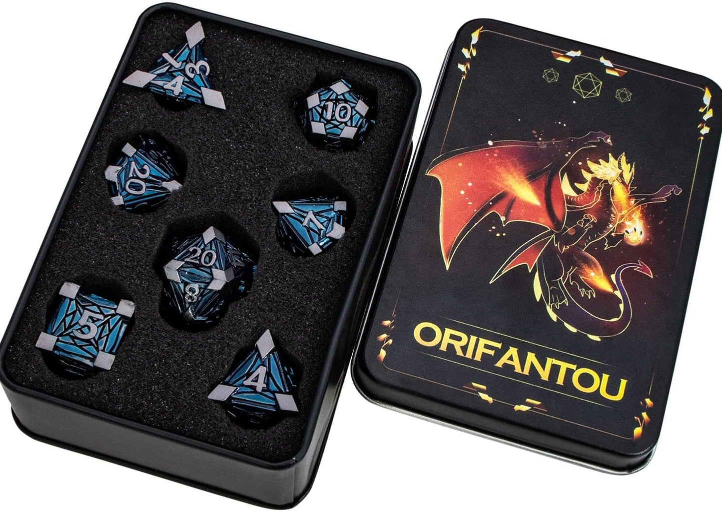 7PCS Metal DND Dice Set with Box, Debris RPG Black Blue D and D Dice for use with D&D Tabletop Games Role Playing Game Polyhedral Dice Set D20 D12 D10 D8 D6 D4