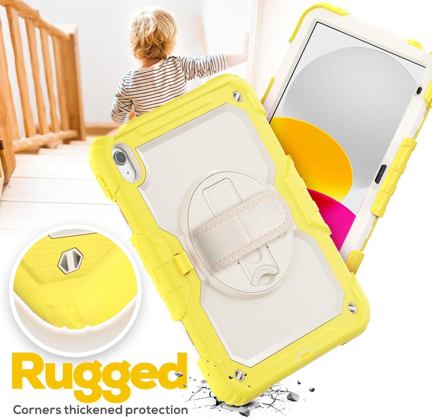 BLOSOMEET Case for iPad A16 11th/10th Generation 11''/10.9'' 2025 2022 with Tempered Glass Screen Protector, Rugged Cute Girls Boys Cover with Stand Hand Shoulder Strap, Fashion Yellow