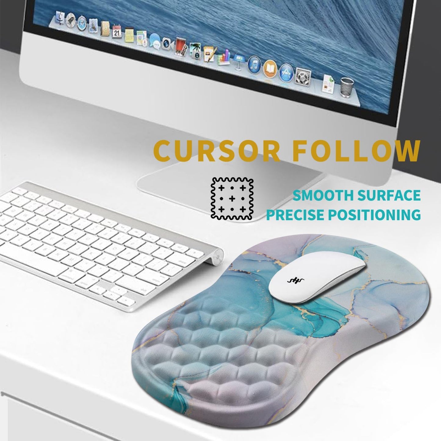 Hokafenle Ergonomic Mouse Pad Wrist Support, Wrist Rest Mousepad for Carpal Tunnel Pain Relief with Integrated Memory Foam Slope Massage Bulge (11.8x7.9 inch,Blue Marble