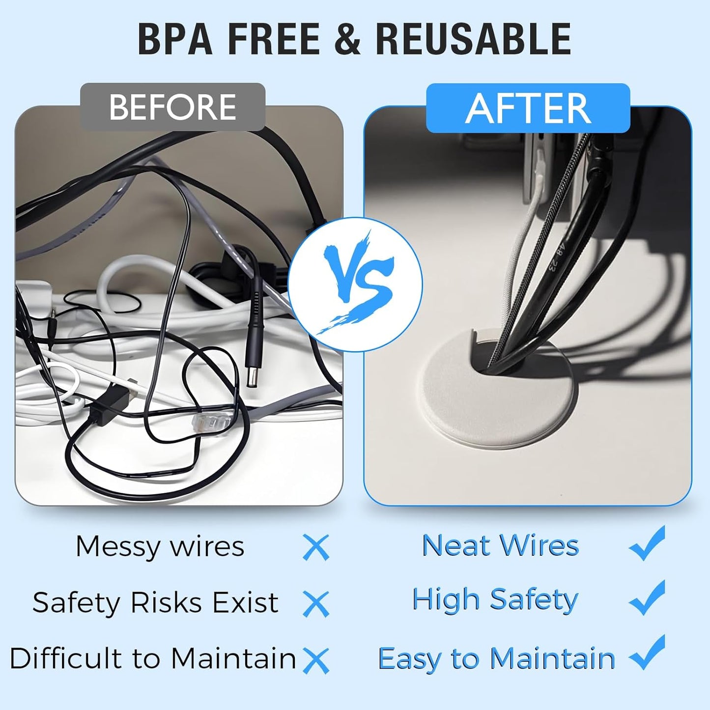 Desk Grommet 1-1/2" (38 mm), Desk Cord Hole Cover, Cable Grommet ABS Plastic, Desk Hole Grommet for Office and Home Table Cable, Detachable Cable Cord Organizer (Black 2 Pcs)