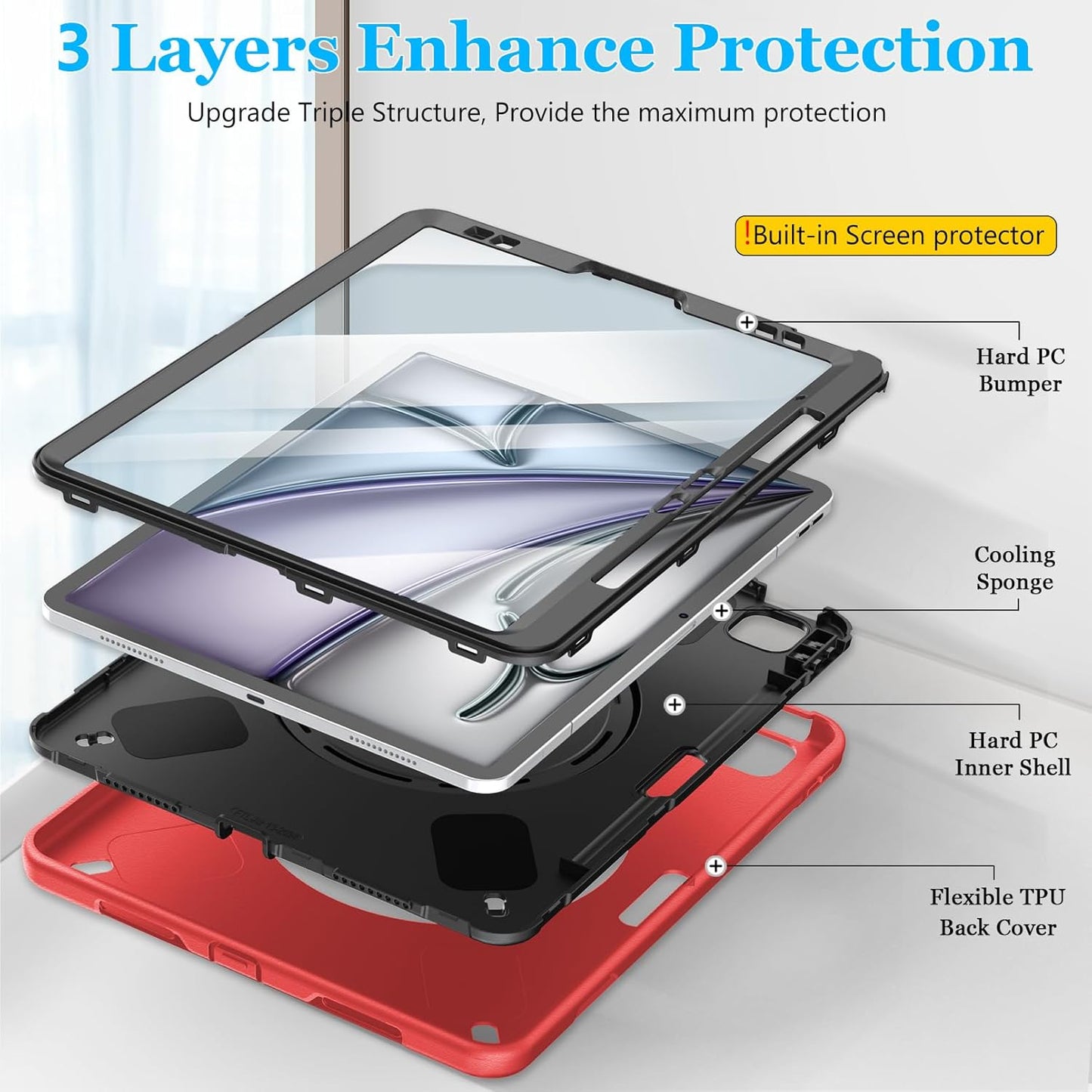 Case for iPad Air 13 Inch M3 2025 & M2 2024: Military Grade Cover for iPad Pro 12.9 6th/5th/4th/3rd Generation W/Screen Protector- Stand- Pencil Holder- Handle- Shoulder Strap- Red