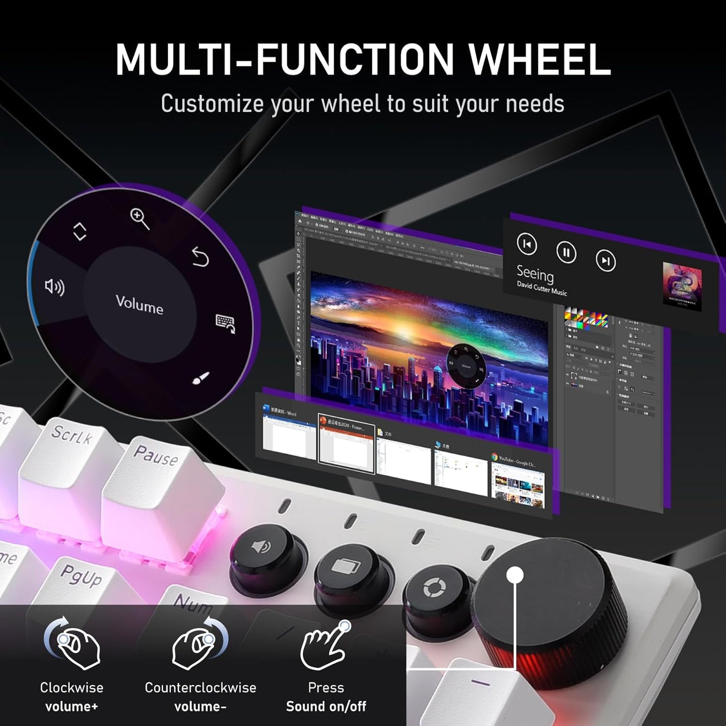 iRocks K74R Wireless RGB Illuminated Mechanical Gaming Keyboard, Hot-Swappable Switches, Floating Design, PBT 107 Keys NKRO, Detachable USB-C Cable - White Amethyst (Brown Switches)