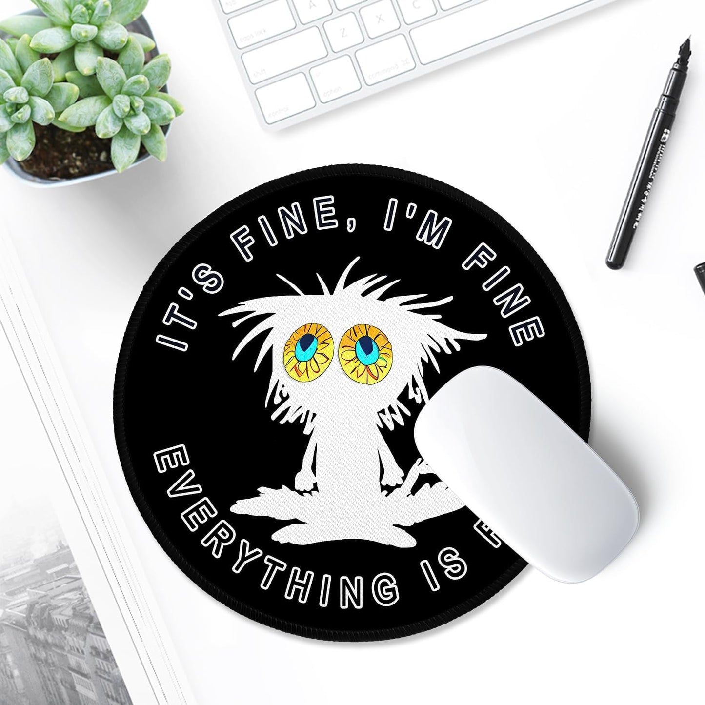 ITNRSIIET Round Mouse Pad with Stitched Edge Premium-Textured Waterproof Non-Slip Rubber Base Desktop Protection Mat Diameter 8.7 inches, Funny Cat