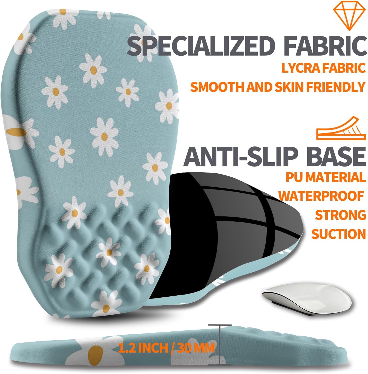 Ergonomic Slope Mouse Pad Wrist Support, Wrist Rest Mousepad for Carpal Tunnel Pain Relief with Massage Bulge and Slow Rebound Memory Foam (12x8 inch, White Flowers)