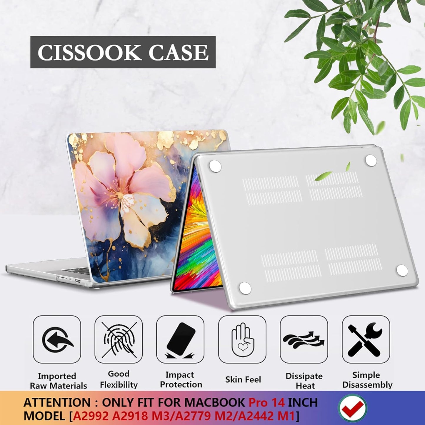 CISSOOK Plastic Hard Shell Compatible with MacBook Pro 14 inch Case 2024 2023 2022 2021 Release, M4 A3112 A3185 A3401 M3 A2918 A2992 M2 A2779 M1 A2442 Pro/Max Chip, Marble Flower