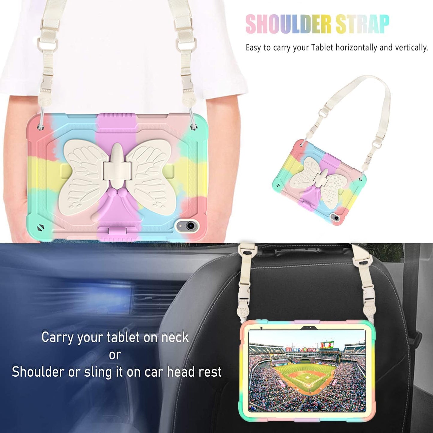 BLOSOMEET Cute Pink iPad A16 11th/10th Generation Case for Kids Girls 2025/2022 11/10.9 Inch with Tempered Glass Screen Protector & Stand, Kawaii Butterfly Cover with Pencil Holder Shoulder Strap