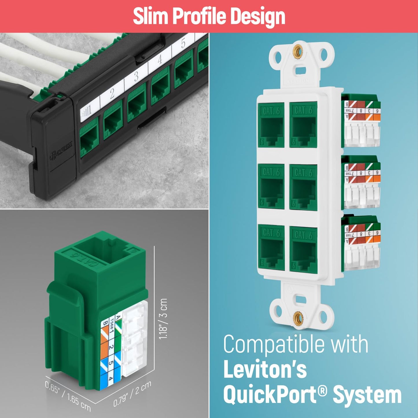 Everest 90° Angled RJ45 Cat6 Keystone Jacks 100-Pack in Green - Slim Profile Female RJ45 Connectors - Cat 6 Keystone Jack - Compatible with 90° Angled Speed Termination Tool - easyJACK (B094WB91H3)
