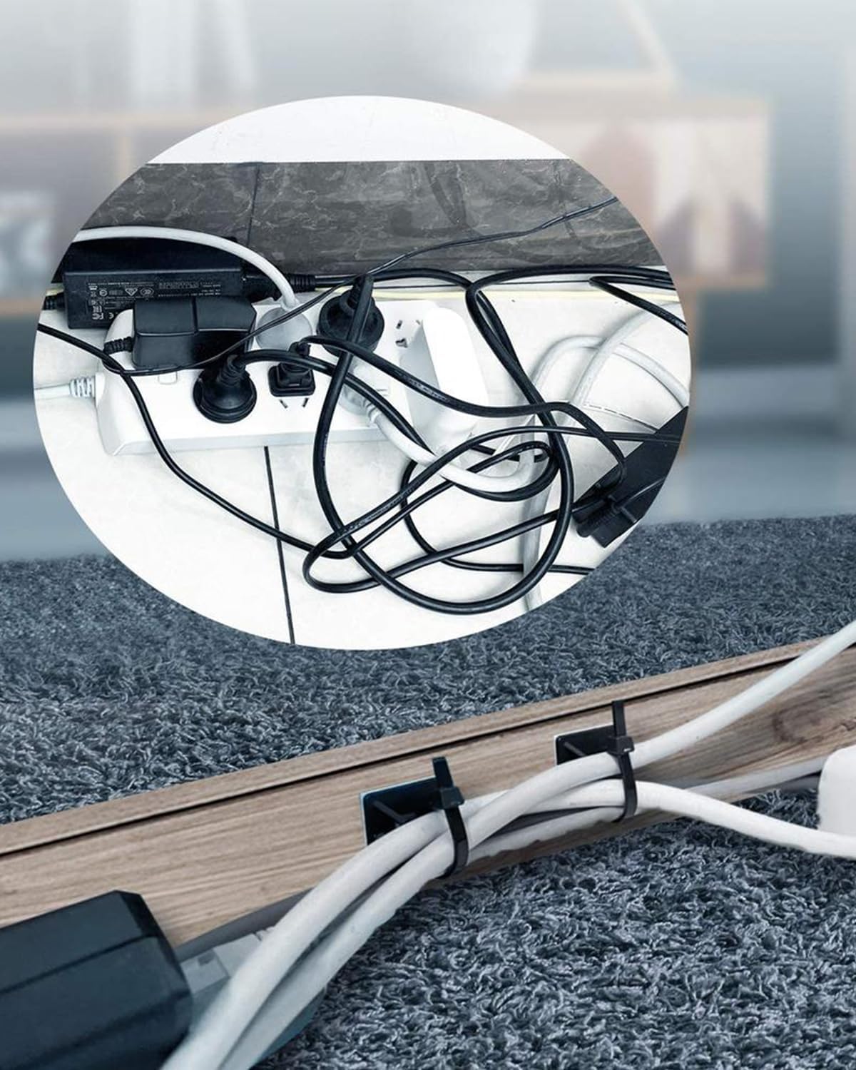 Cable Management Kit - 100 Set Adhesive Cable Zip Tie Mounts with 8" Zip Ties | UV Resistant Wire Organizers for Indoor/Outdoor Use - White