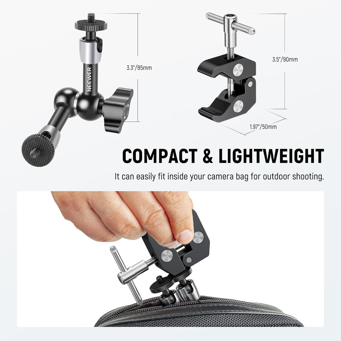 NEEWER 6"/15cm Adjustable Magic Arm with Super Clamp, 1/4" & 3/8" Threads, 1/4" Screws for Flash/LED Light/Microphone/Monitor, Compatible with SmallRig Camera Cage, Max Load: 4.4lb/2kg, ST15C