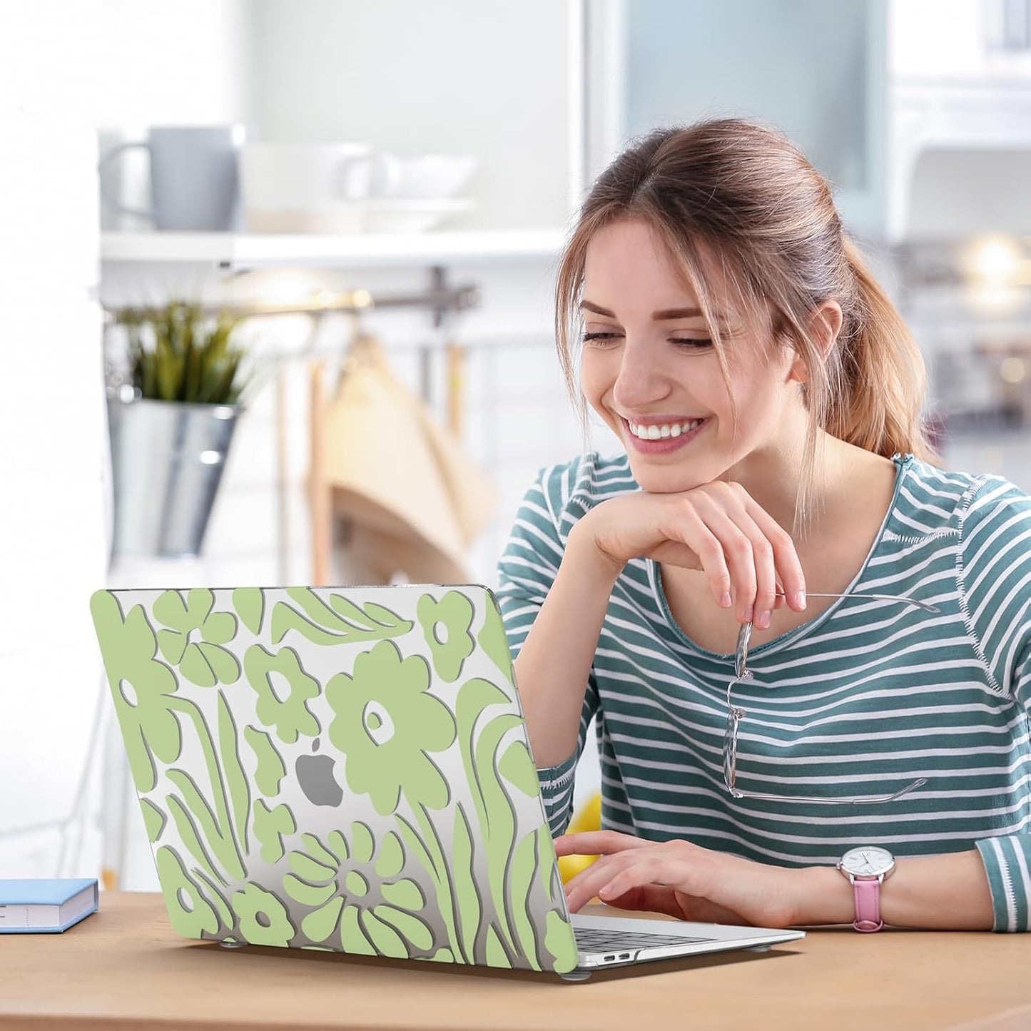 iCasso Compatible with MacBook Air 13 inch Case 2020-2018 Release M1 A2337 A2179 A1932, Green Flower Protective Hard Shell Case +Keyboard Cover + Screen Protector(Flower)