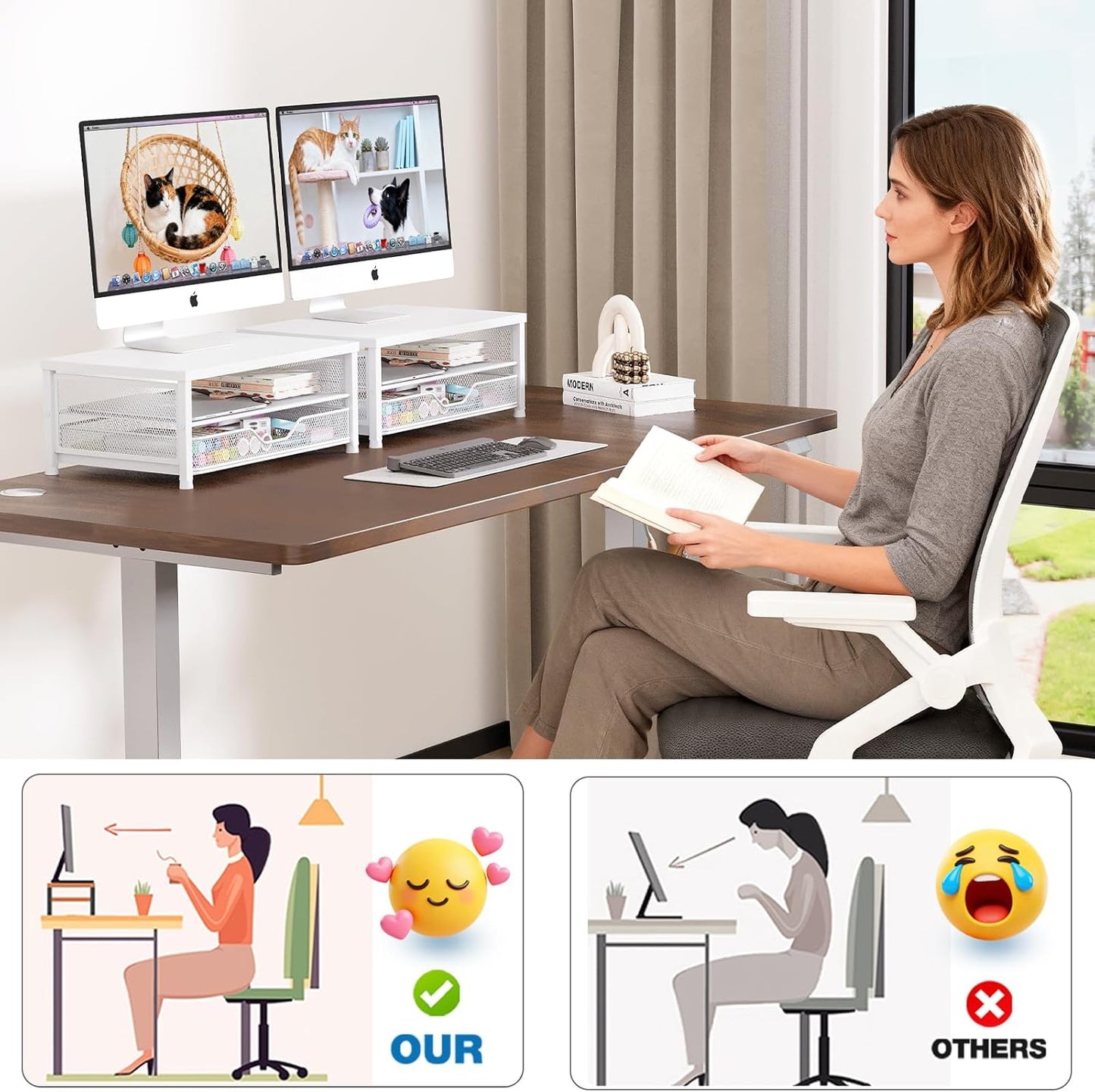 Desk Organizers and Accessories, 2-Tier Computer Monitor Stand Riser with Drawer, Laptop Stand, Office Desk Accessories, Workspace Desktop Organizer for Office Supplies, White