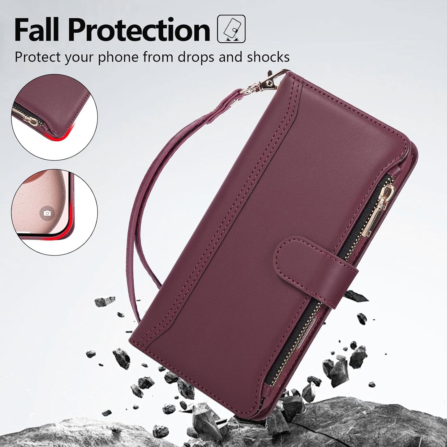 Compatible with iPhone 7/8/SE 2020/SE 2022 Wallet Case PU Leather Shockproof Protective Cover with Credit Card Slots, Zipper Pocket Detachable Wrist Strap,Unisex Design for Men/Women-Claret